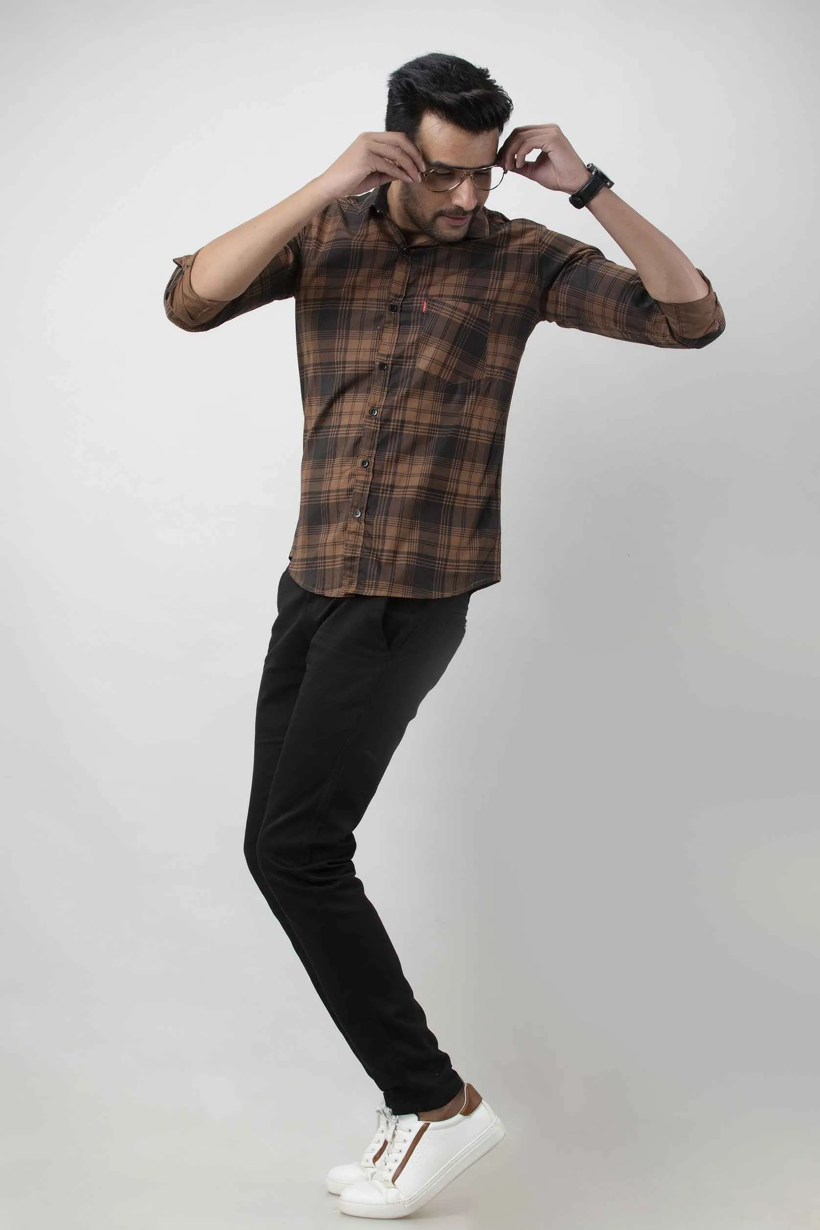 Brown Check Spread Collar Casual Shirt