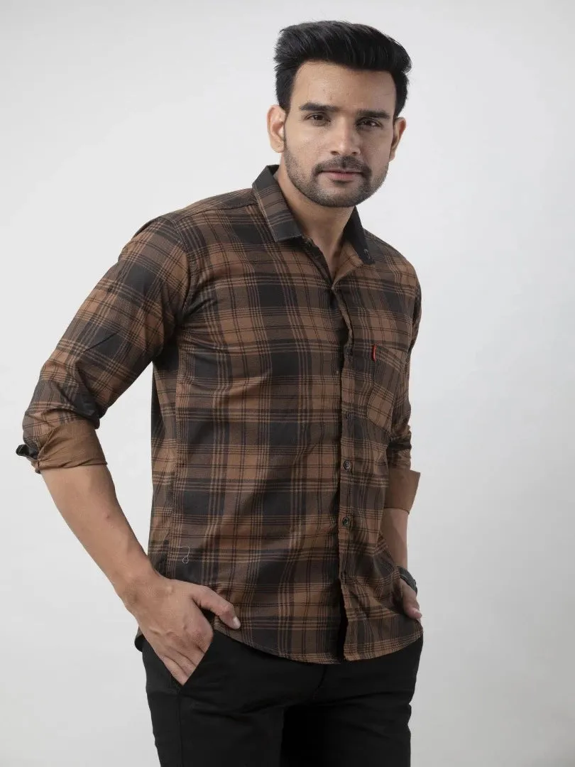 Brown Check Spread Collar Casual Shirt