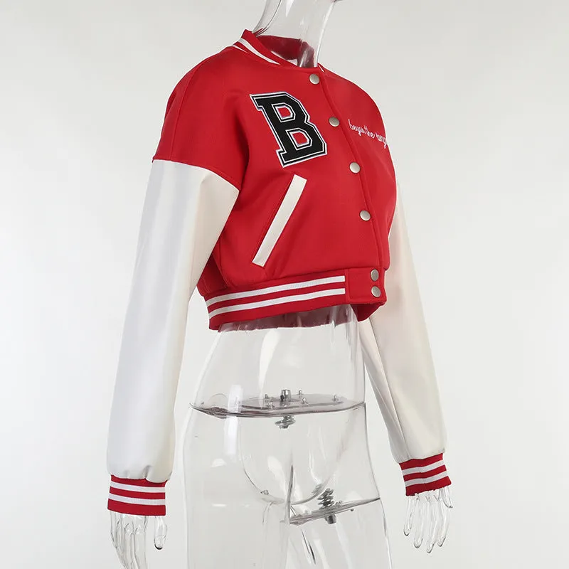 Brown Cropped Varsity Jacket Long Sleeves Cropped Sports Baseball Uniform