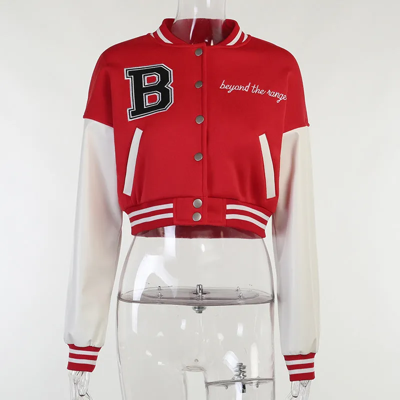 Brown Cropped Varsity Jacket Long Sleeves Cropped Sports Baseball Uniform