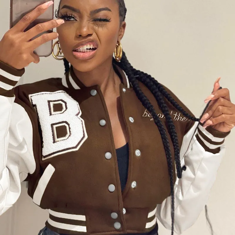 Brown Cropped Varsity Jacket Long Sleeves Cropped Sports Baseball Uniform