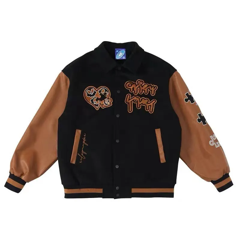 Brown Cropped Varsity Jacket Spring and Autumn New Puzzle Embroidery Baggy Coat