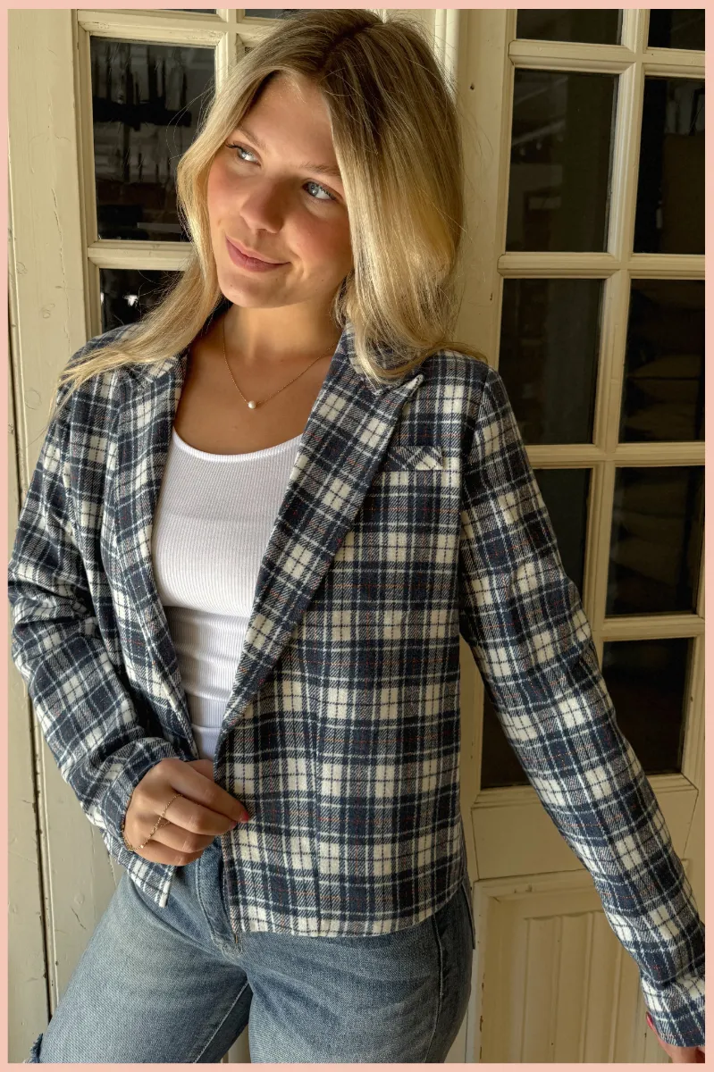 Brushed Plaid Cropped Lined Blazer