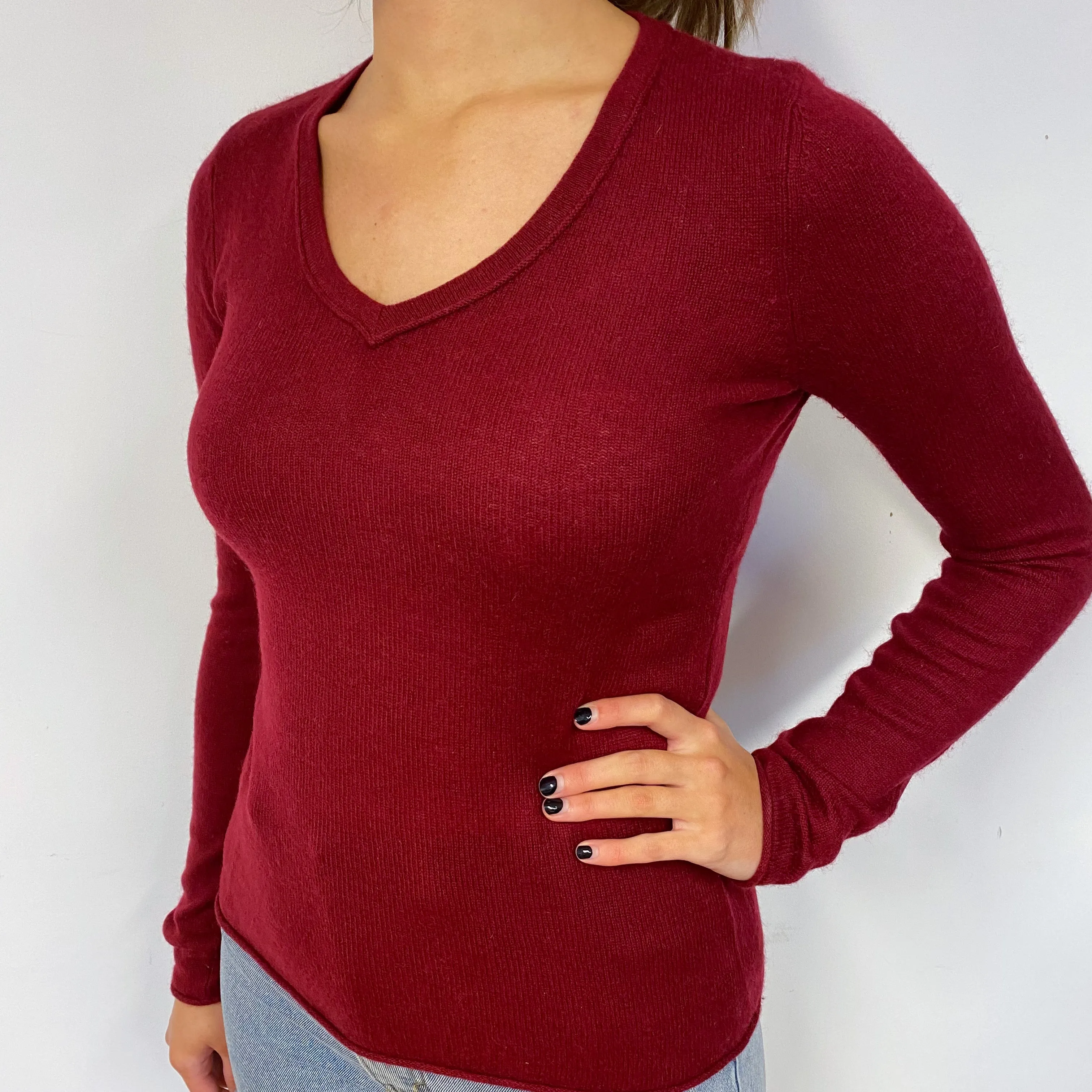 Burgundy Red Cashmere V-Neck Jumper Small