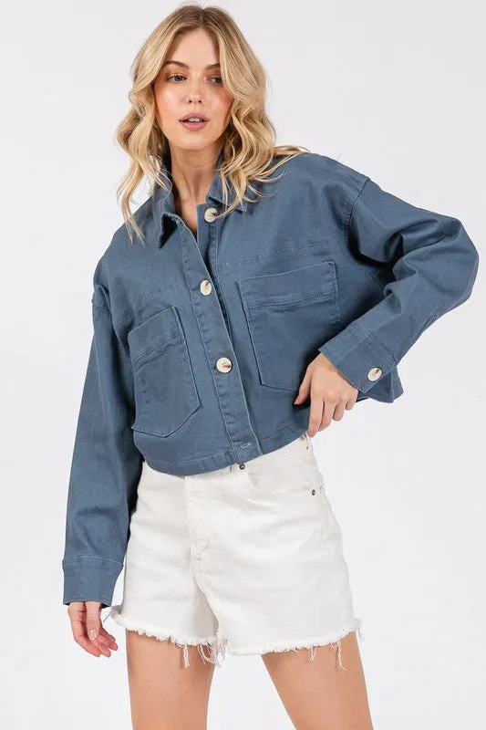 Button Down Cropped Denim Jacket with Patch Pockets