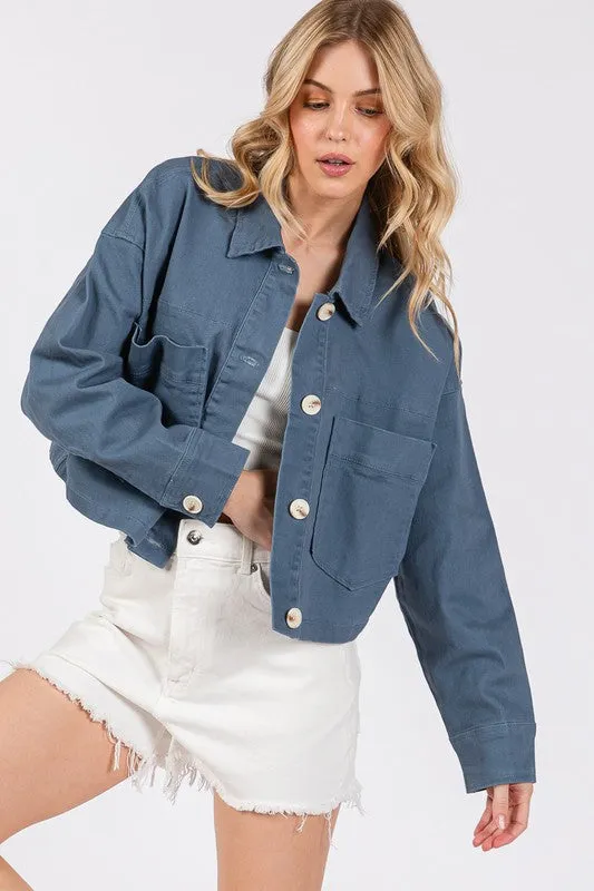 Button Down Cropped Denim Jacket with Patch Pockets