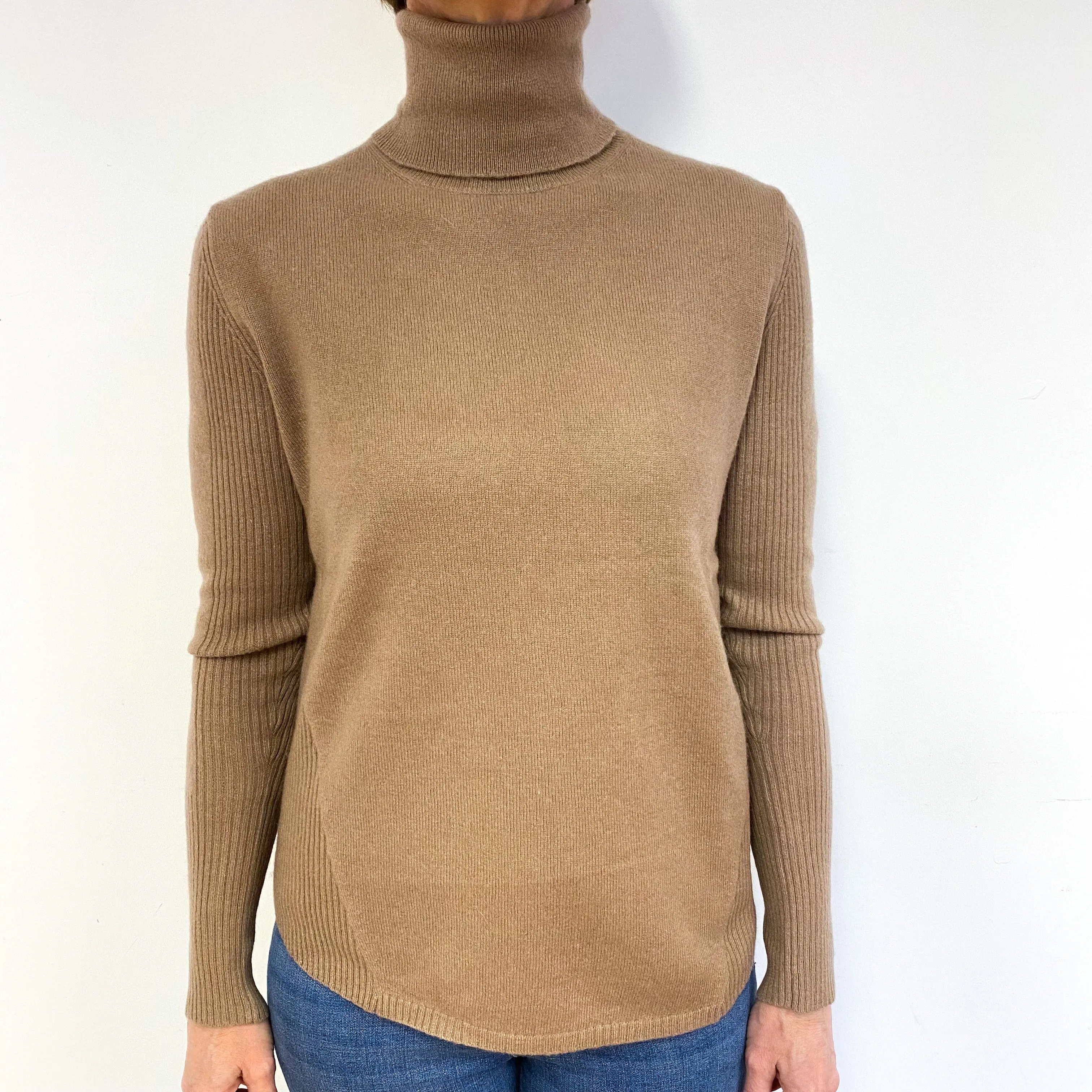 Camel Brown Cashmere Polo Neck Jumper Medium