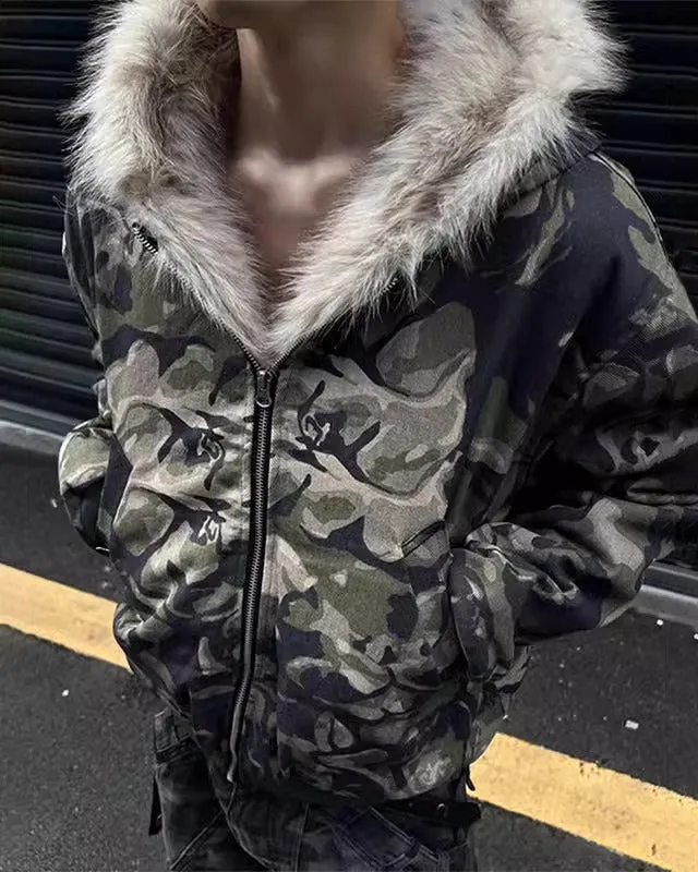 Camouflage Fur Collar Padded Jacket