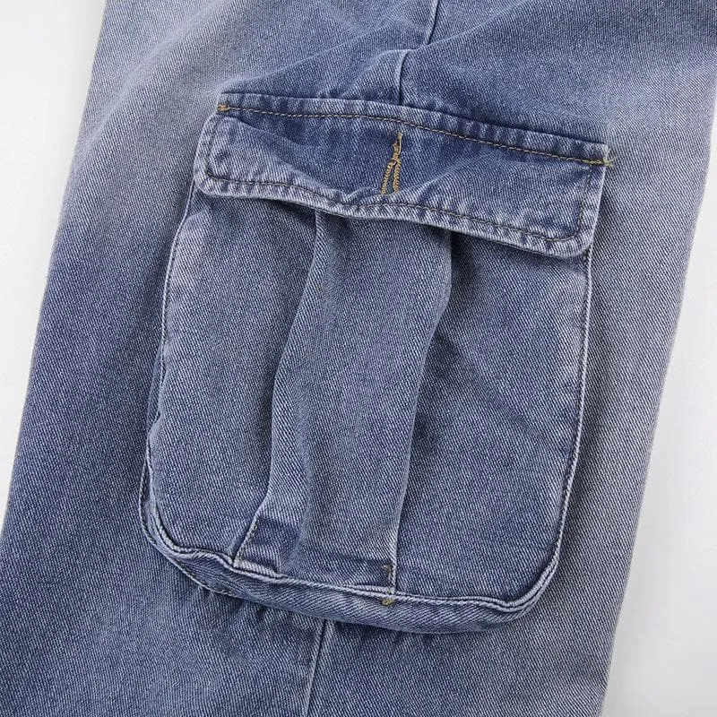 Cargo pocket button high rise straight leg jeans