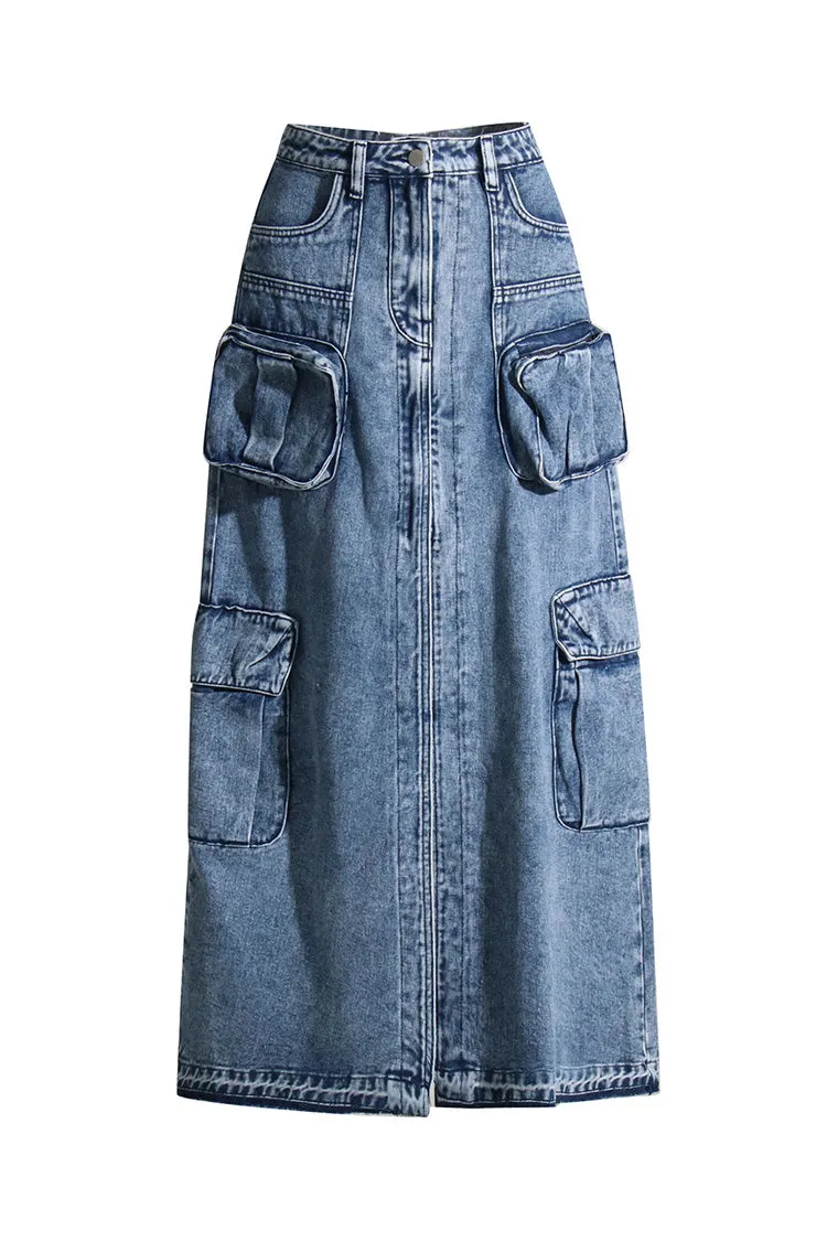 Casual High Waist Cargo Pocket Distressed Hem Front Split Denim Midi Skirt