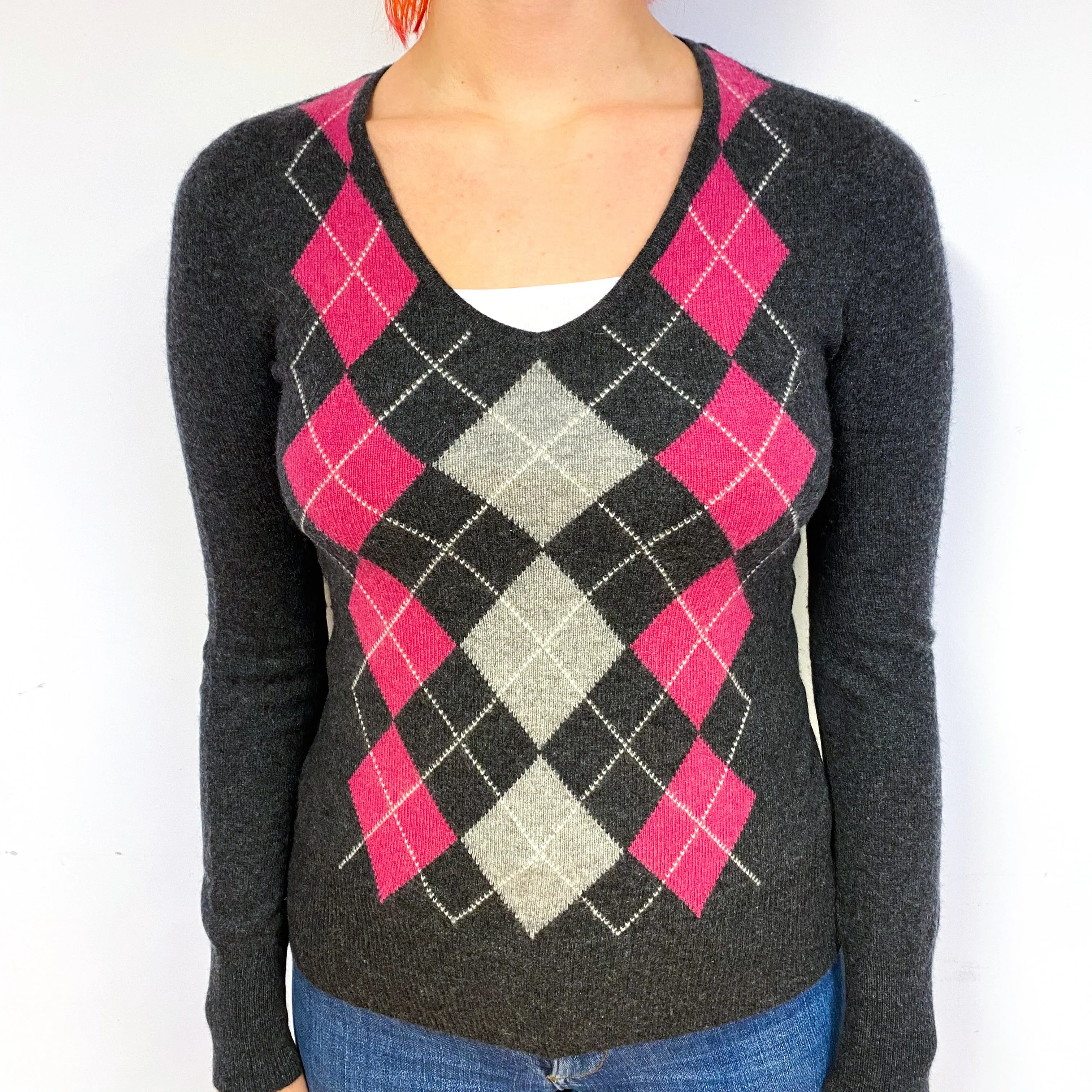 Charcoal Grey Pink Argyle Cashmere V-Neck Jumper Small