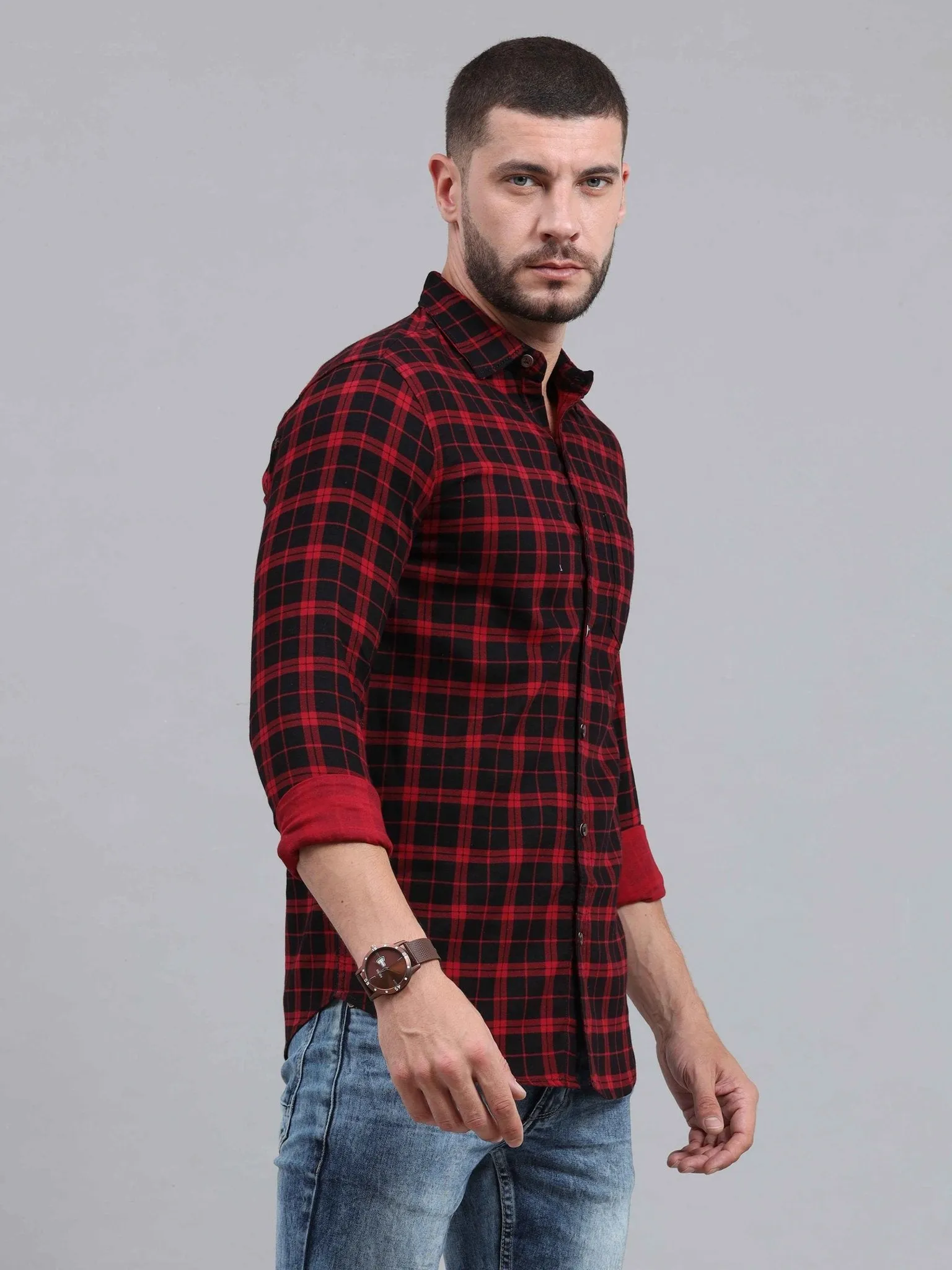 Checkered Cut Away Collar Casual Shirt