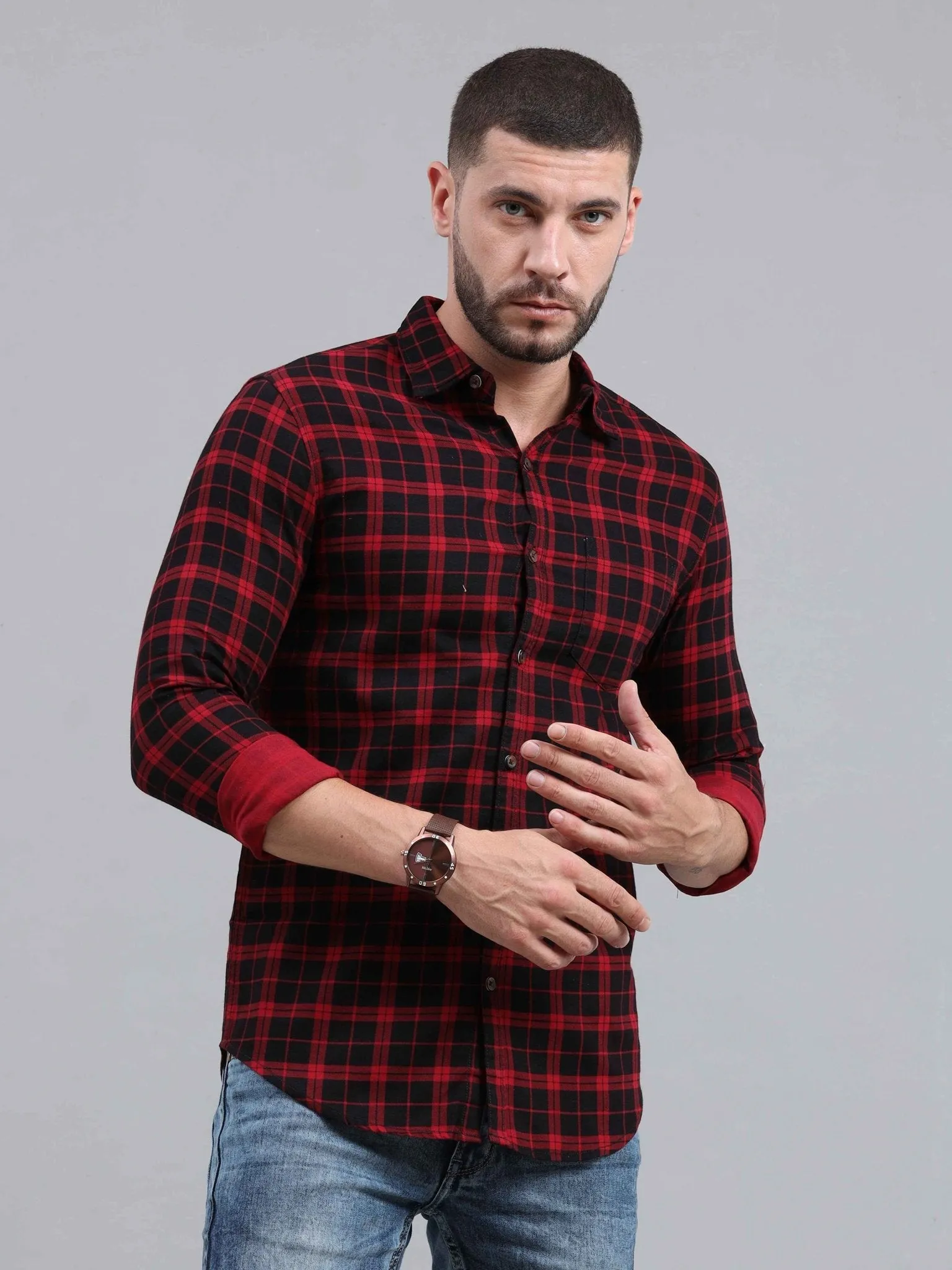 Checkered Cut Away Collar Casual Shirt