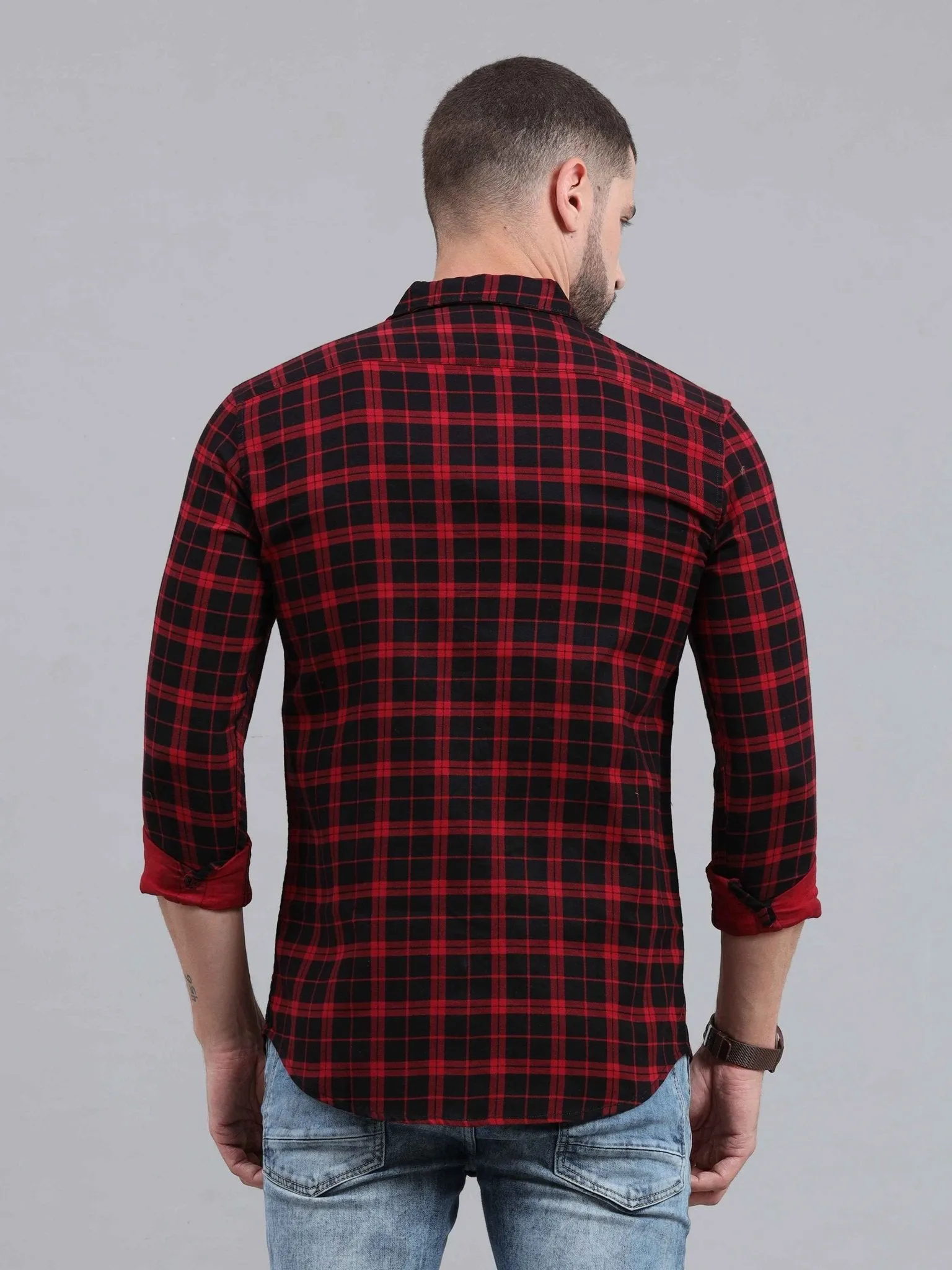 Checkered Cut Away Collar Casual Shirt