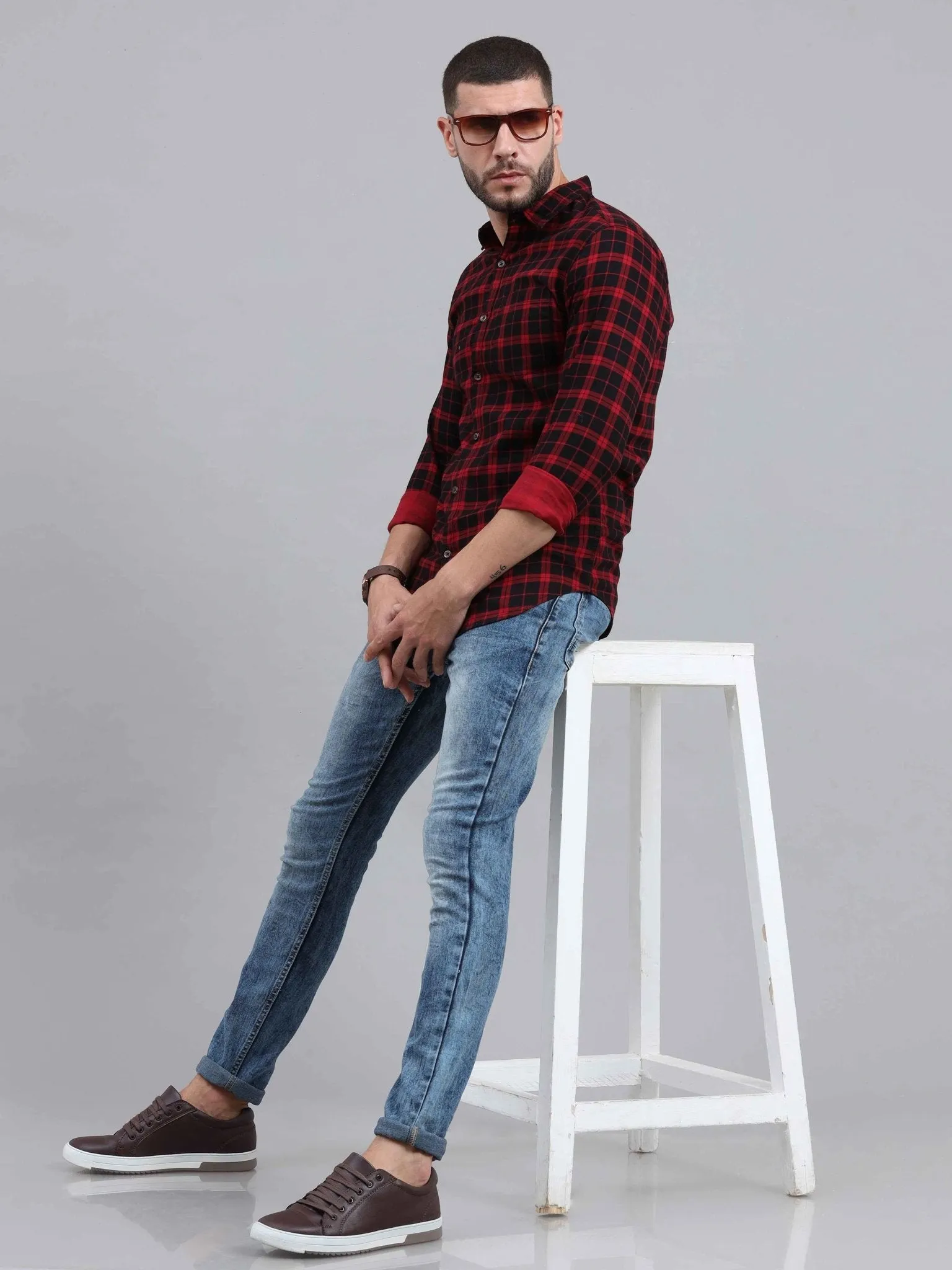 Checkered Cut Away Collar Casual Shirt