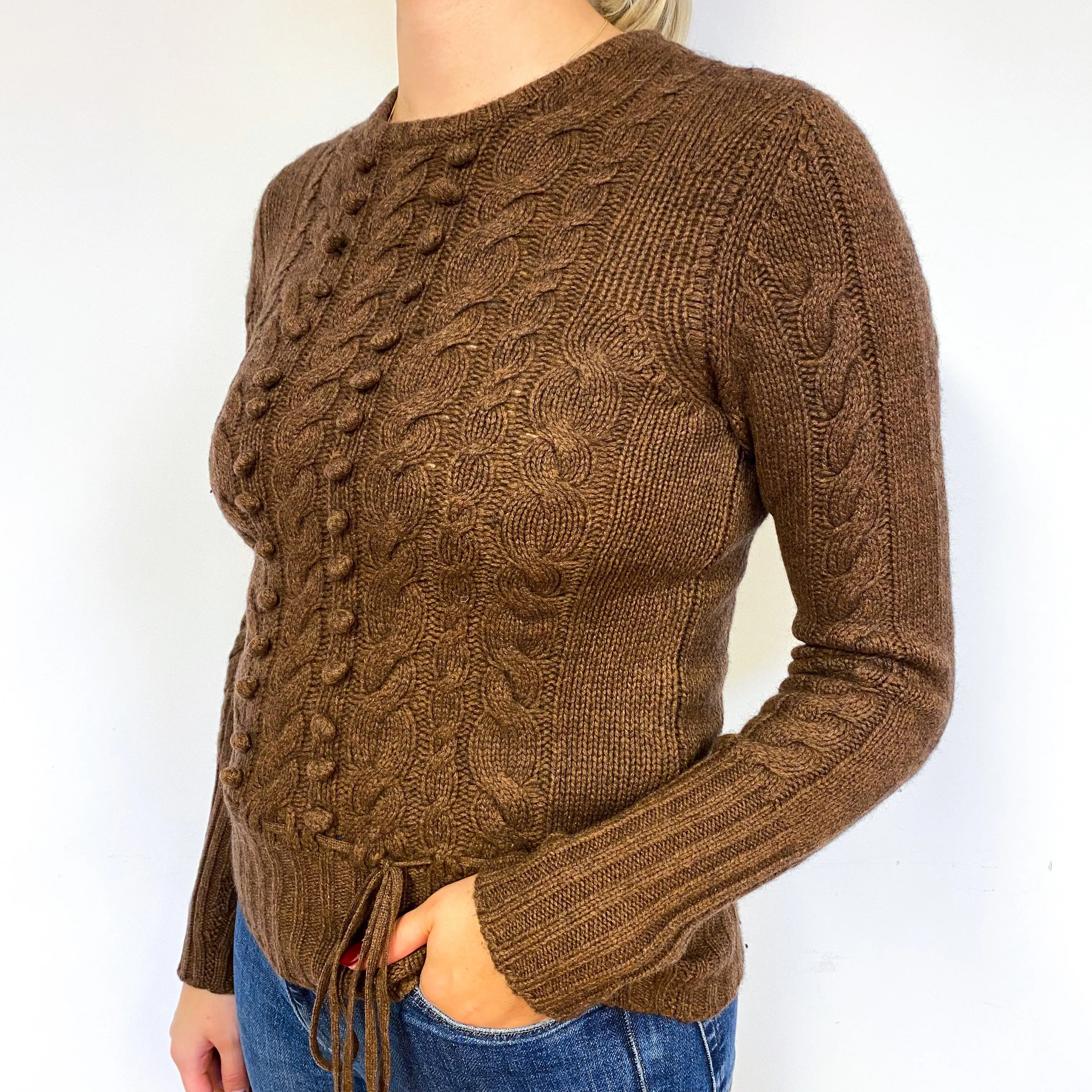 Chunky Brown Cable Cashmere Crew Neck Jumper Small