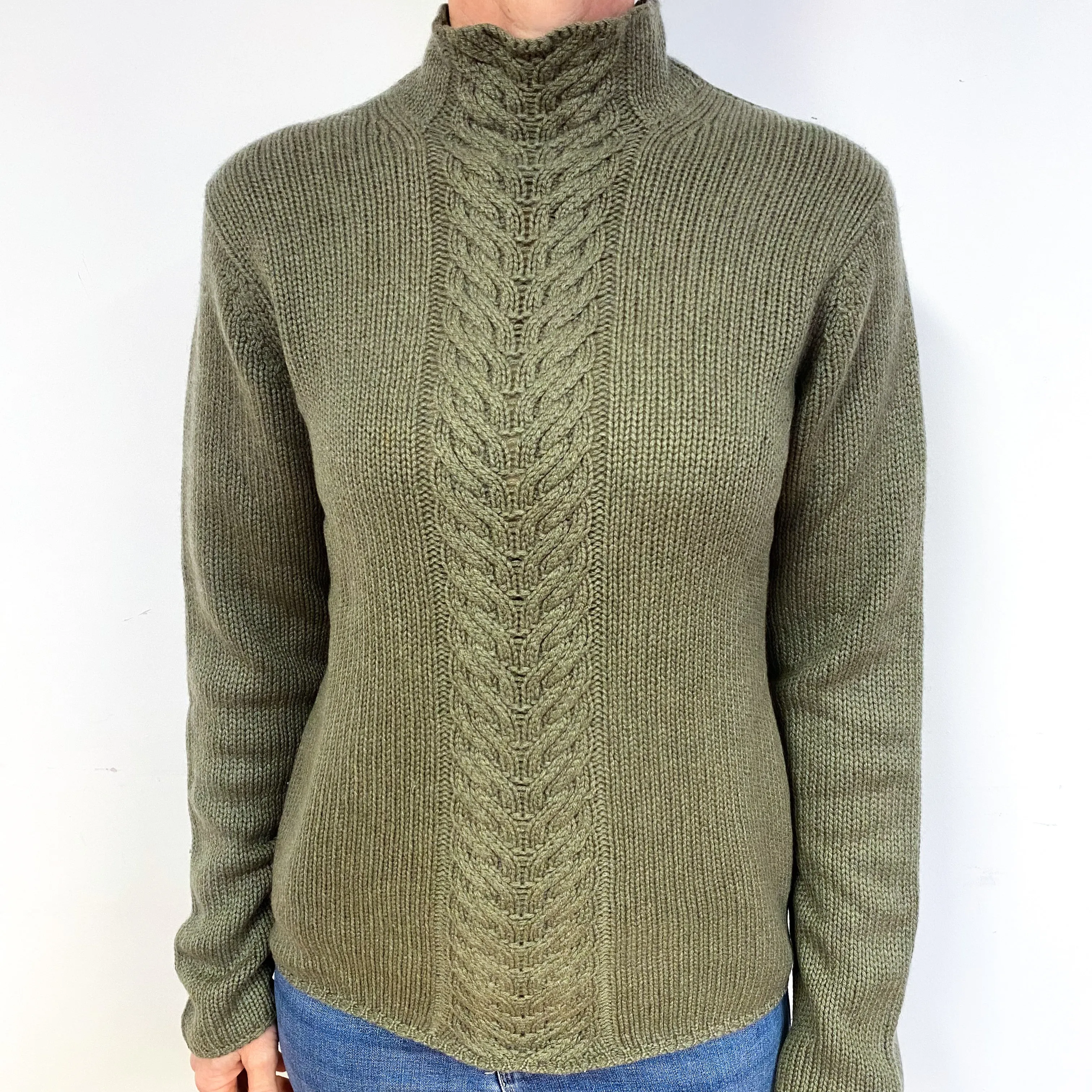 Chunky Khaki Cashmere Turtle Neck Jumper Medium