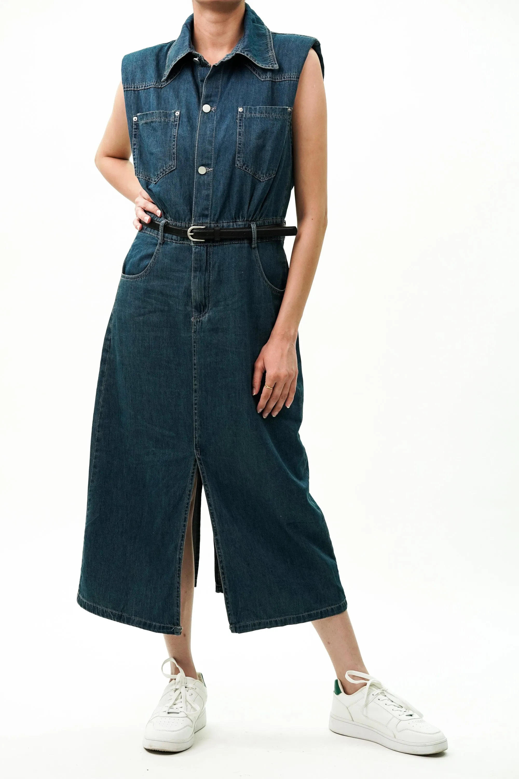 Cotton Denim Dress with Utility Pockets And Belt