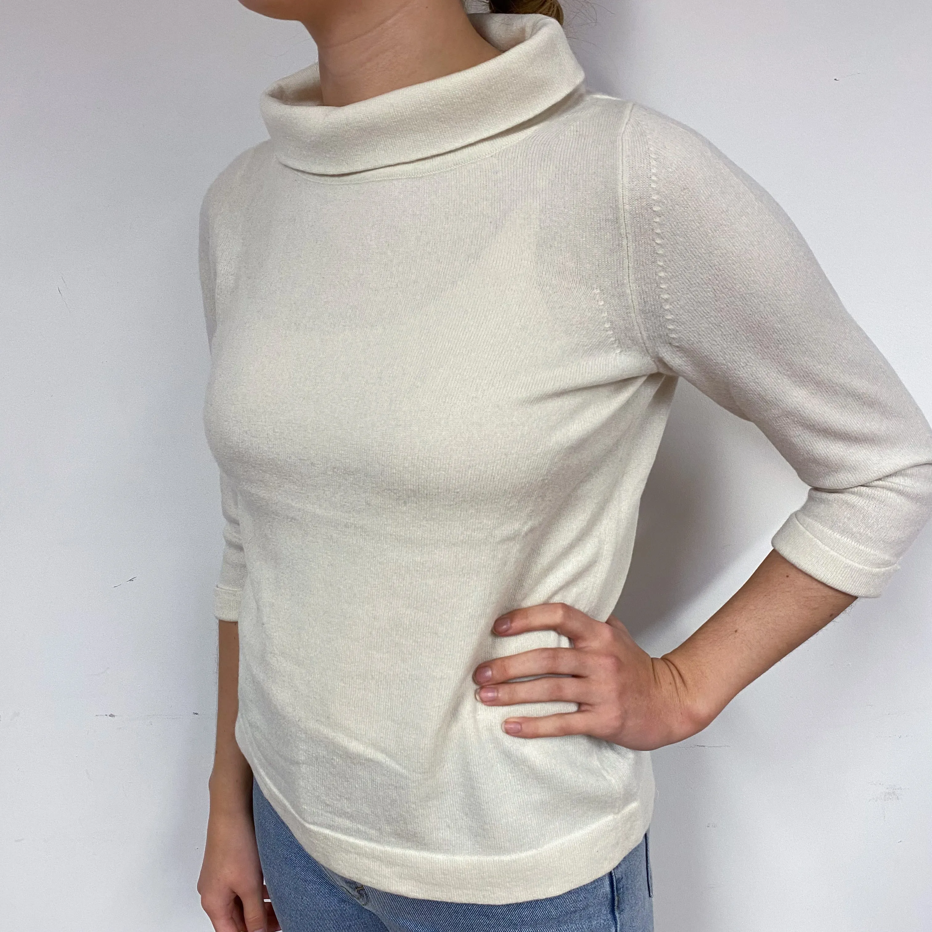 Cream 3/4 Sleeve Cashmere Roll Neck Jumper Small