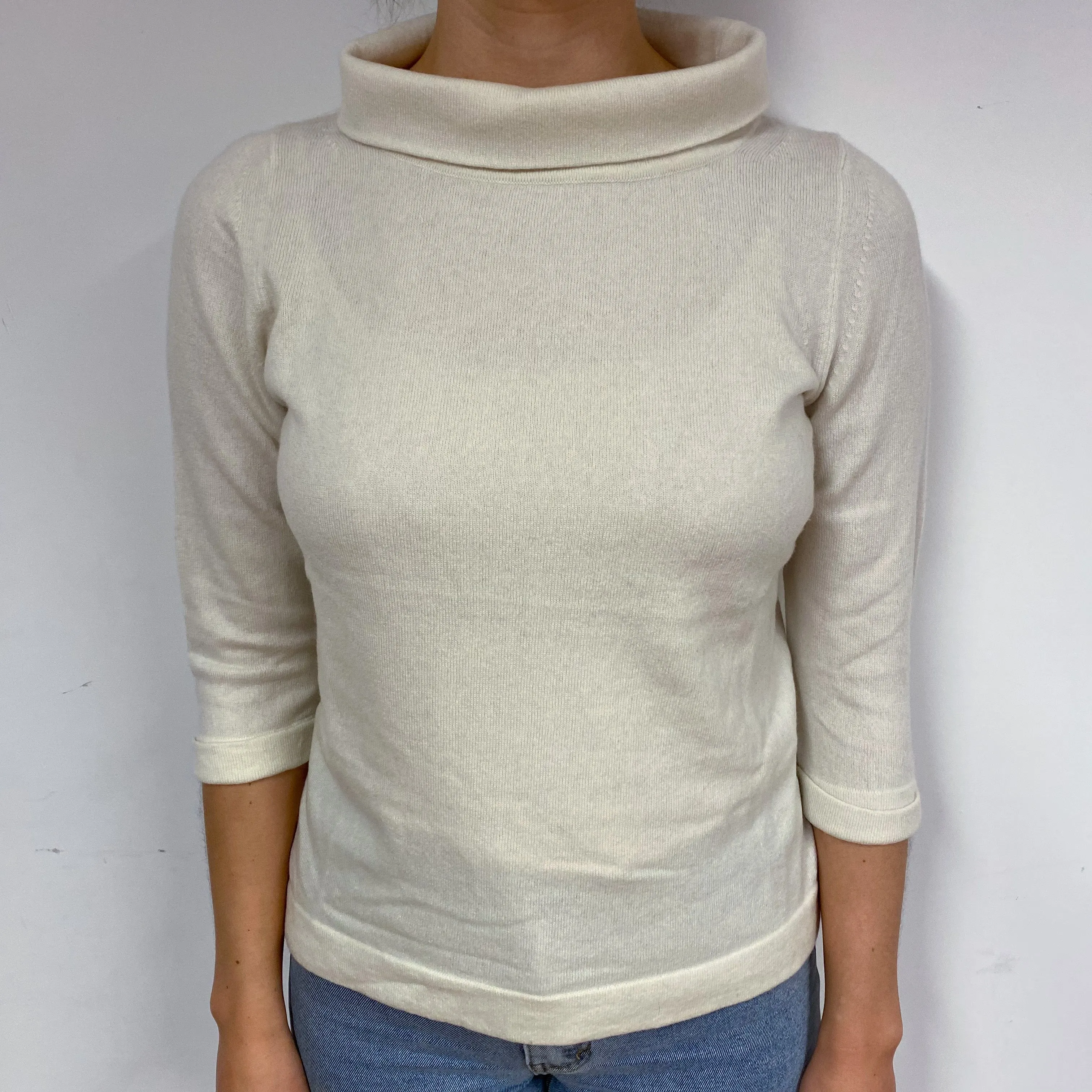 Cream 3/4 Sleeve Cashmere Roll Neck Jumper Small