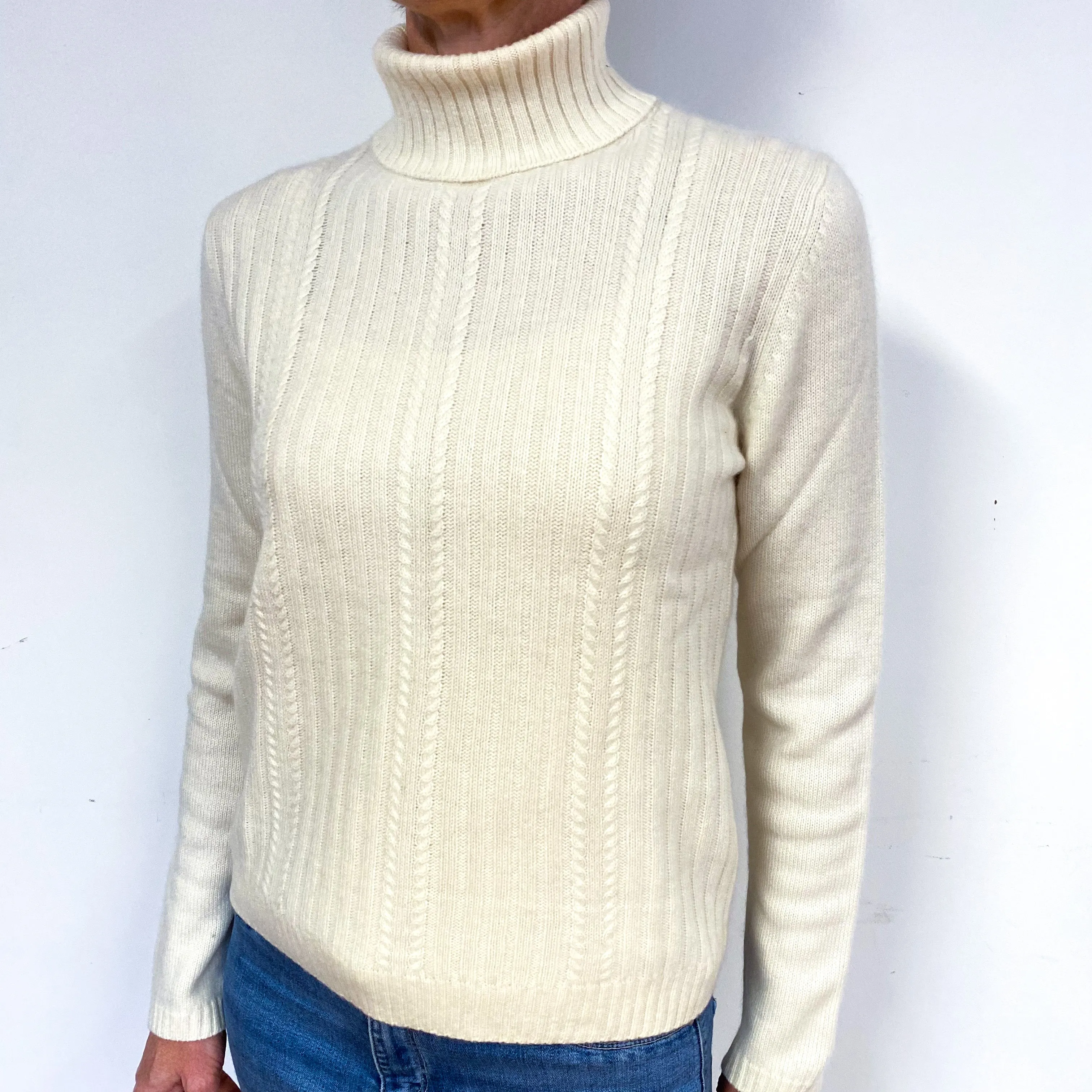 Cream Cable Detail Cashmere Polo Neck Jumper Medium