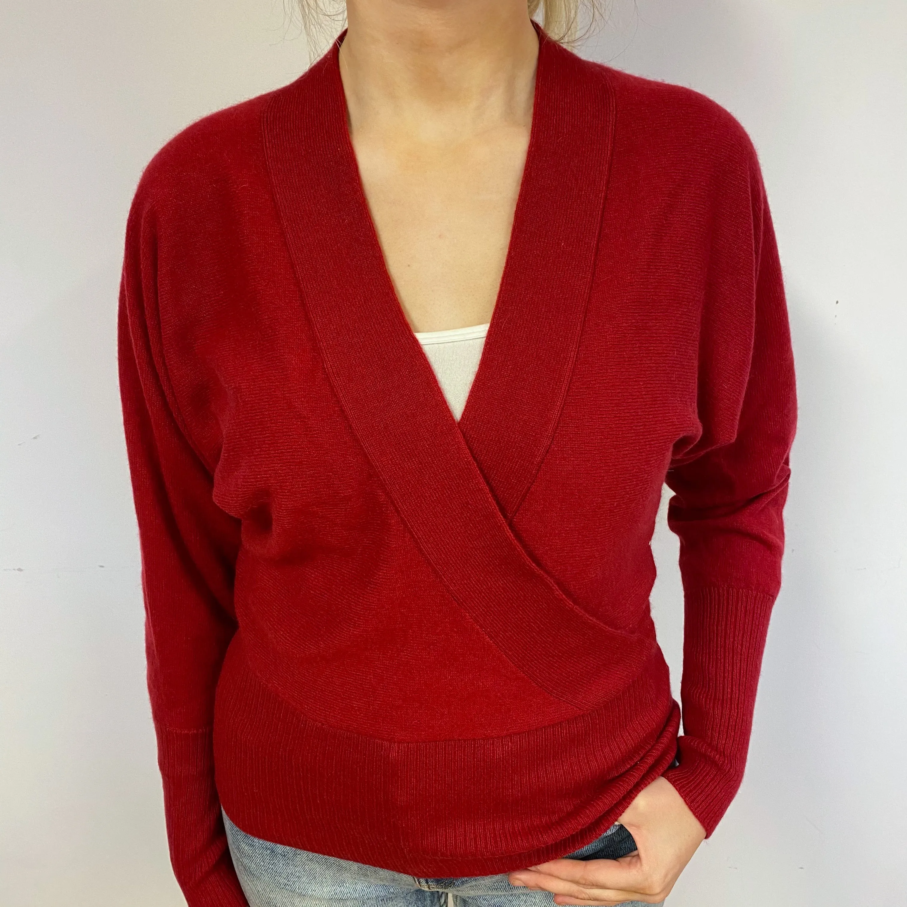 Crimson Red Batwing Cashmere V-Neck Jumper Small