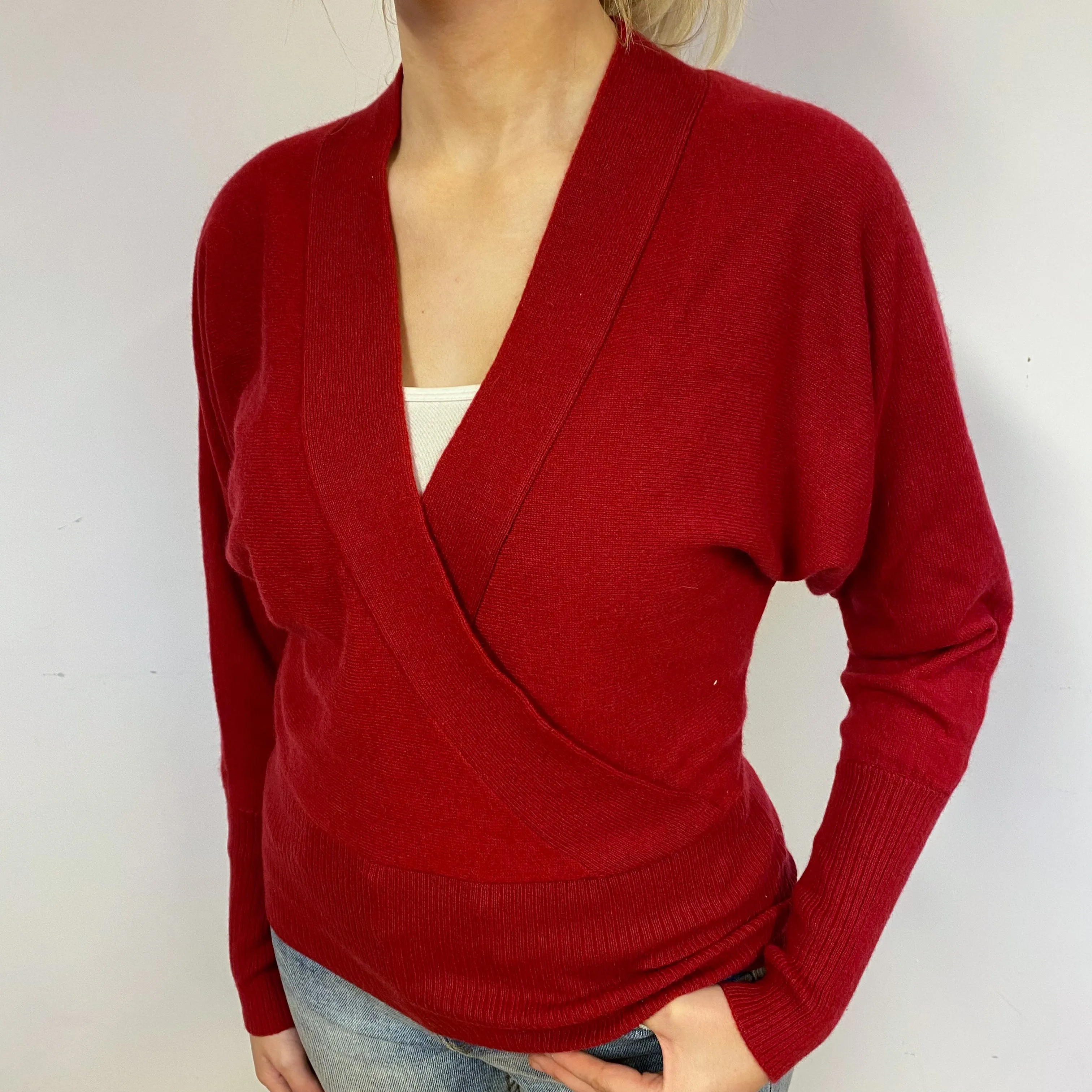 Crimson Red Batwing Cashmere V-Neck Jumper Small