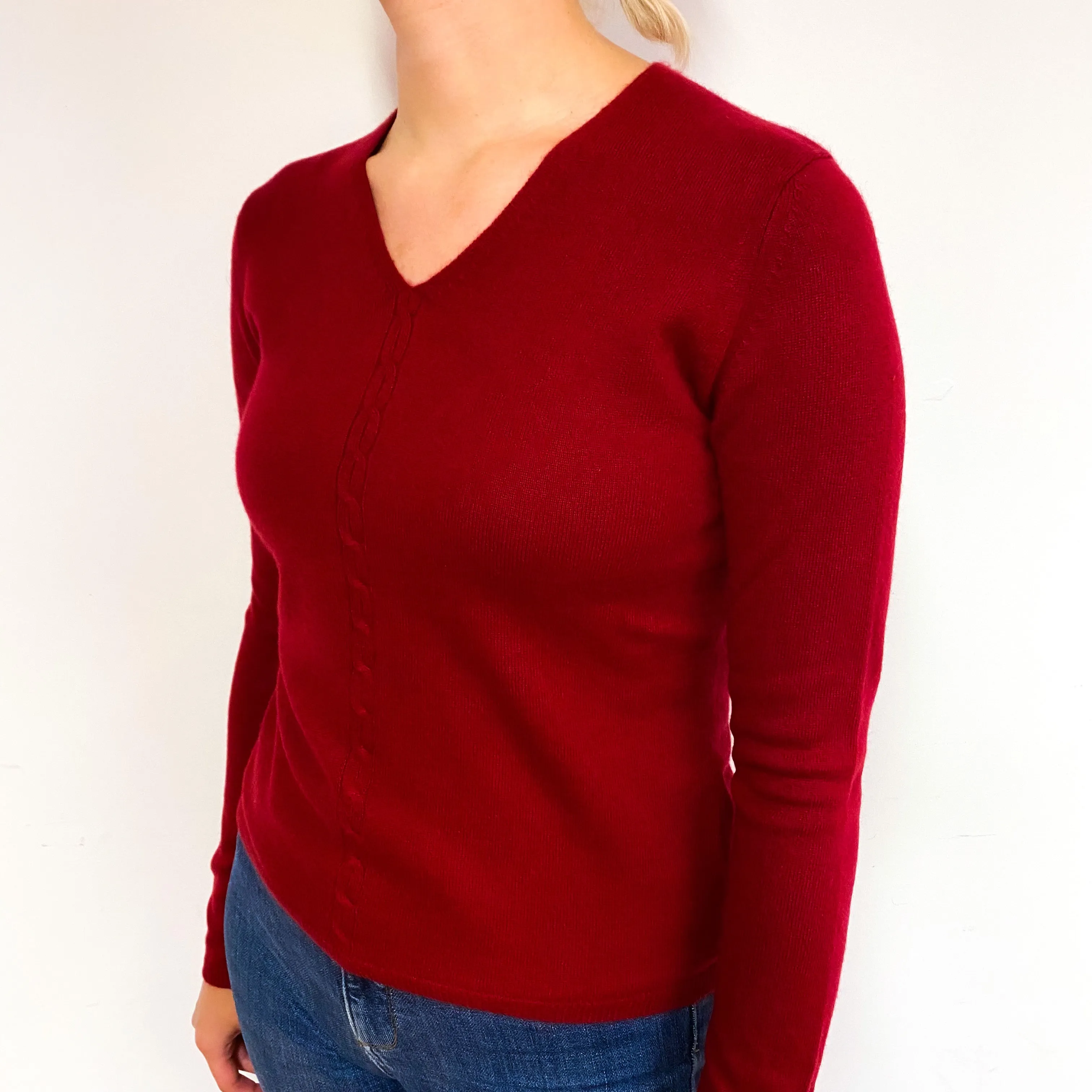 Crimson Red Cable Detail Cashmere V-Neck Jumper Small