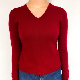 Crimson Red Cable Detail Cashmere V-Neck Jumper Small