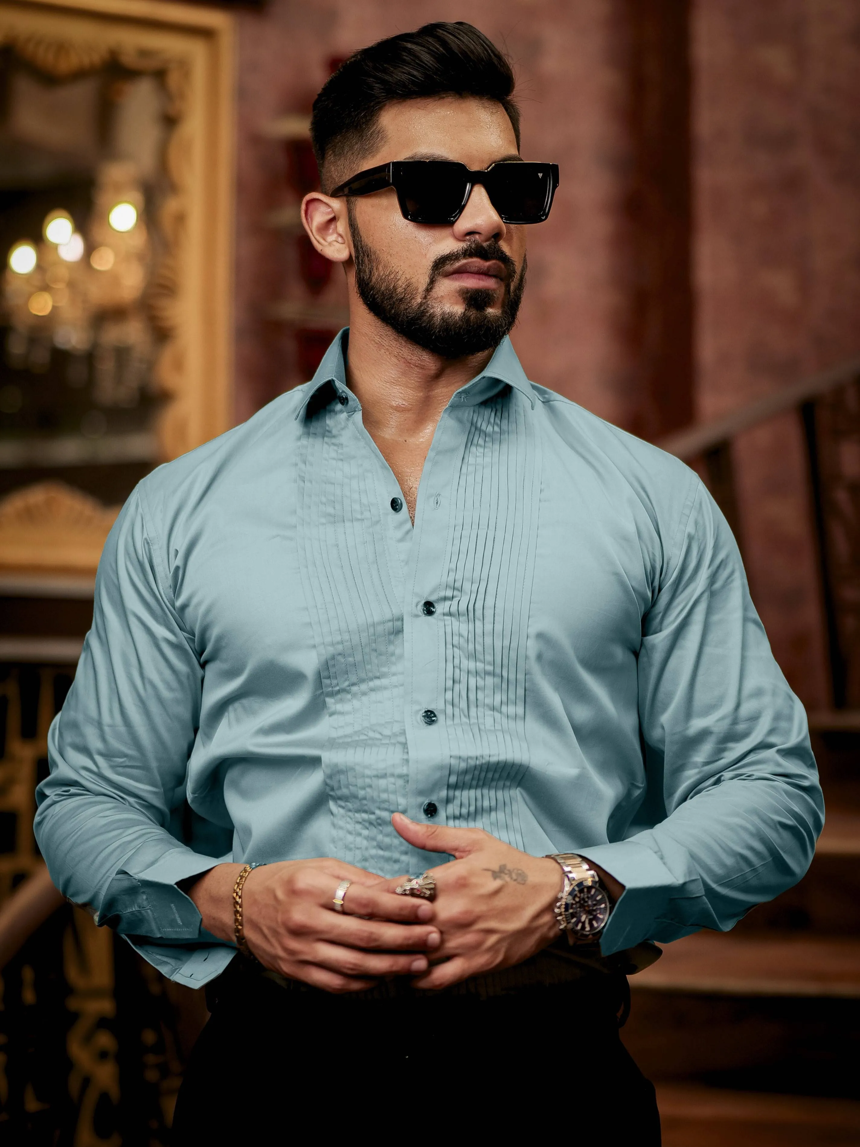 Cyan Subtle Sheen Tuxedo Premium Giza Satin Cotton Shirt