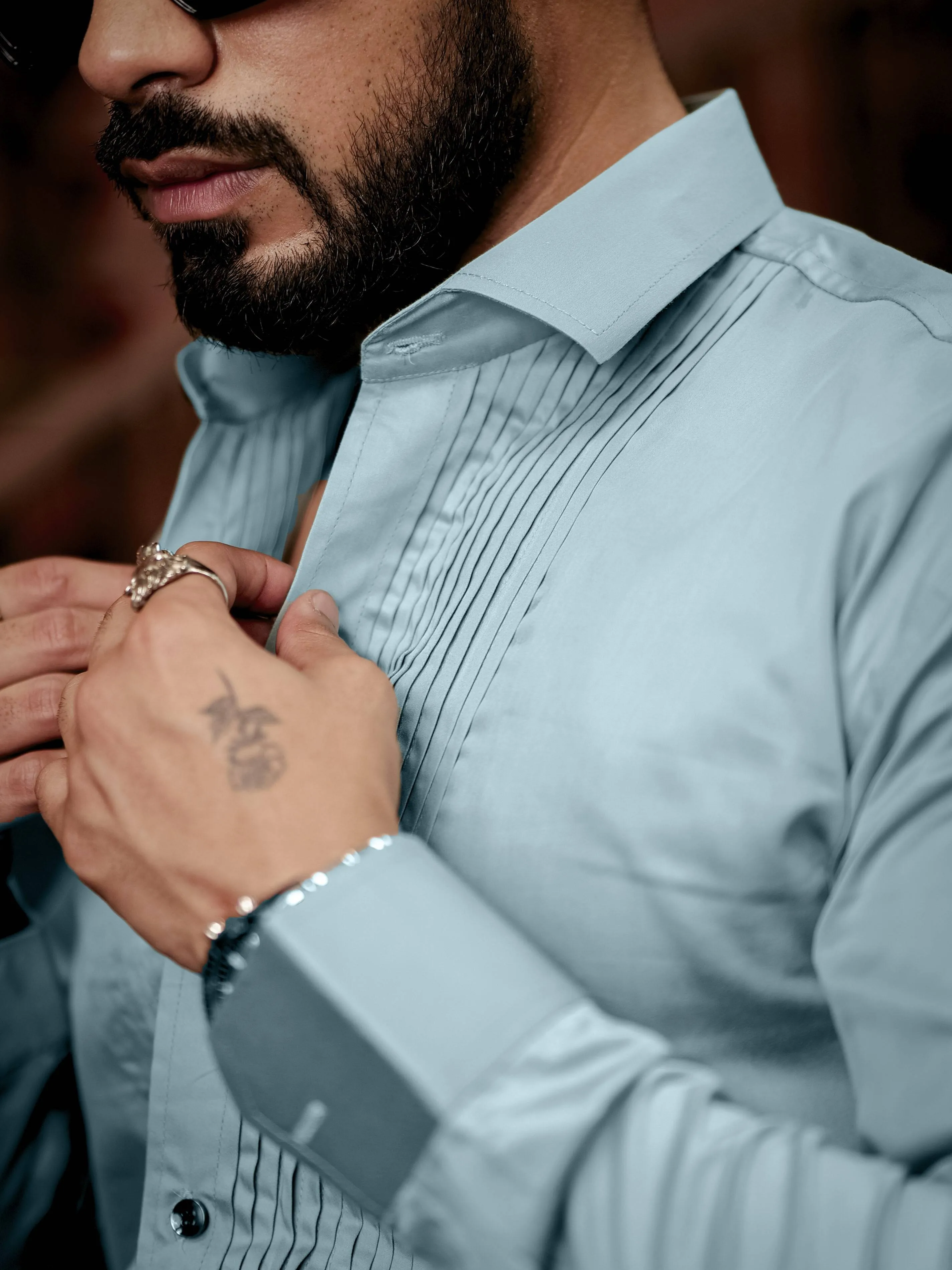 Cyan Subtle Sheen Tuxedo Premium Giza Satin Cotton Shirt