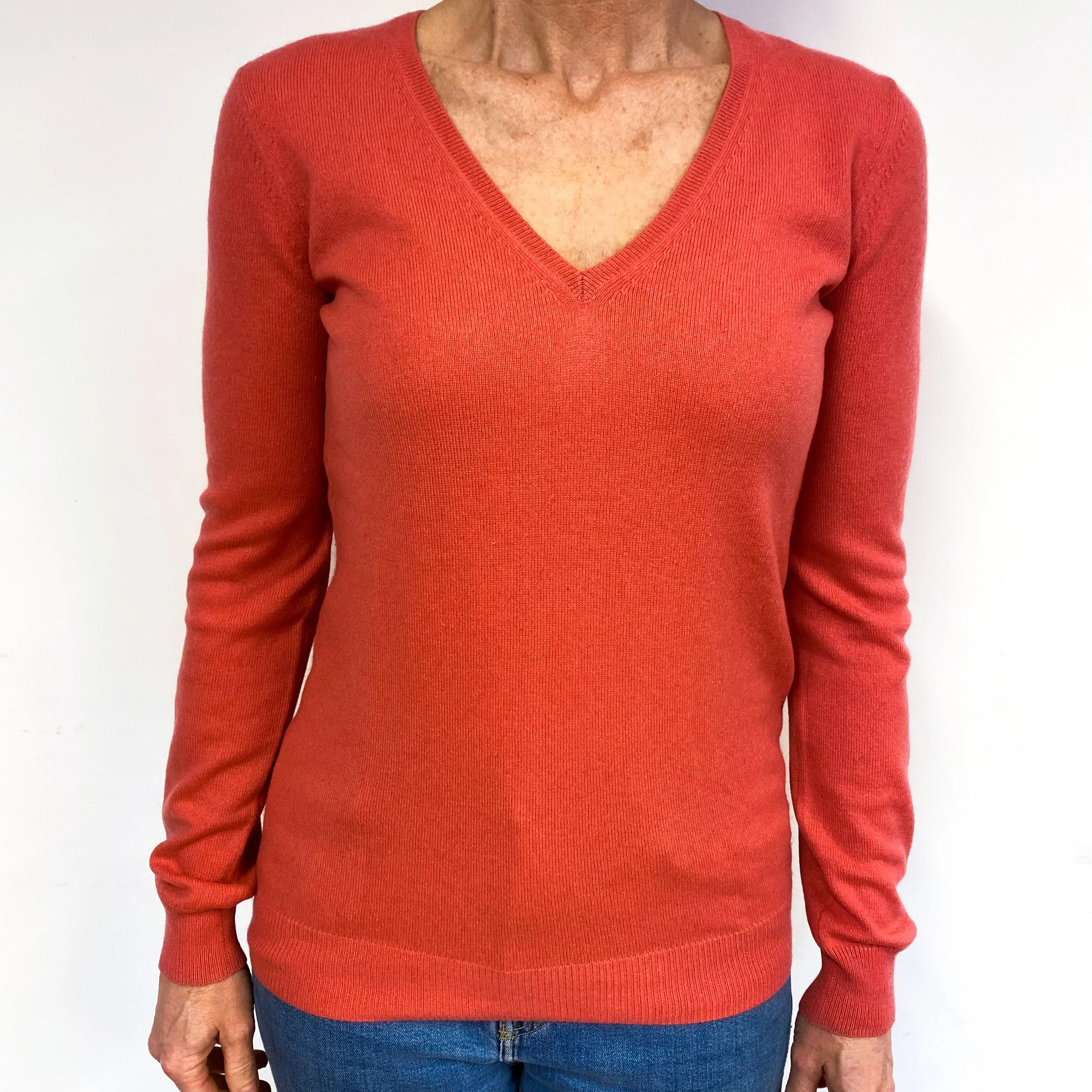 Dark Coral Orange Cashmere V-Neck Jumper Medium