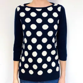 Dark Navy Ivory Spot Cashmere Crew Neck Jumper Extra Small