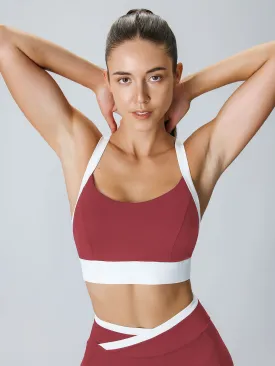 Dark Red Contrast U Neck Sports Bra - High Support