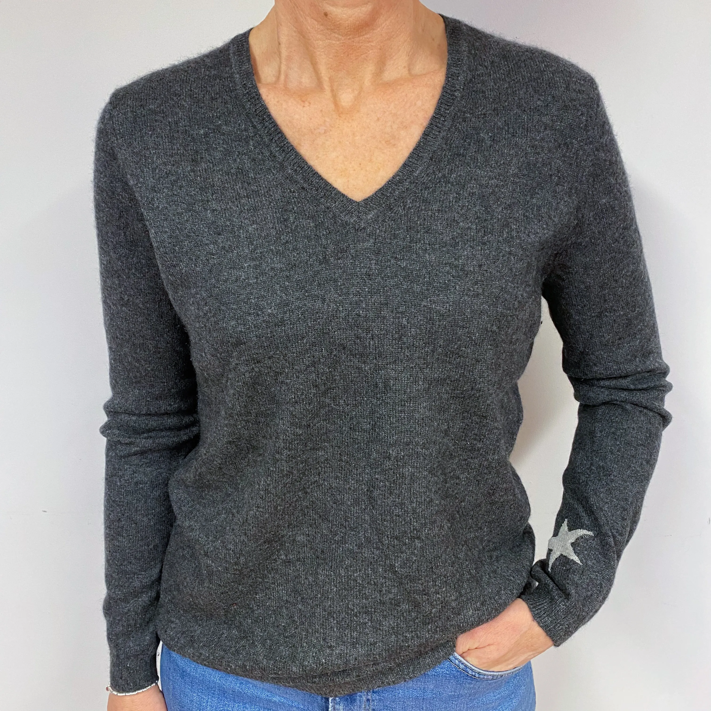 Dark Slate Grey Cashmere V-Neck Jumper Medium