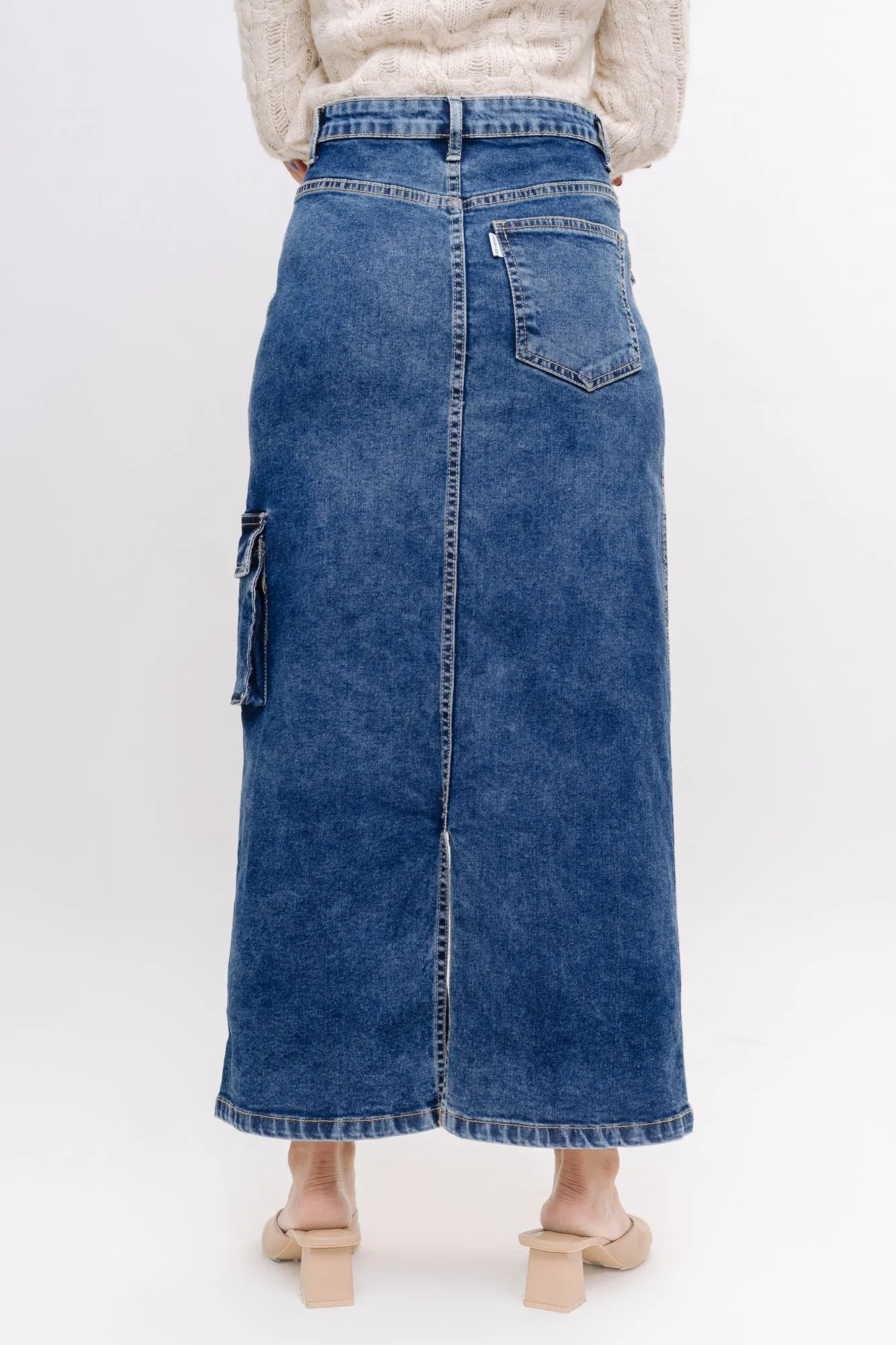 Denim Cargo Midi Skirt