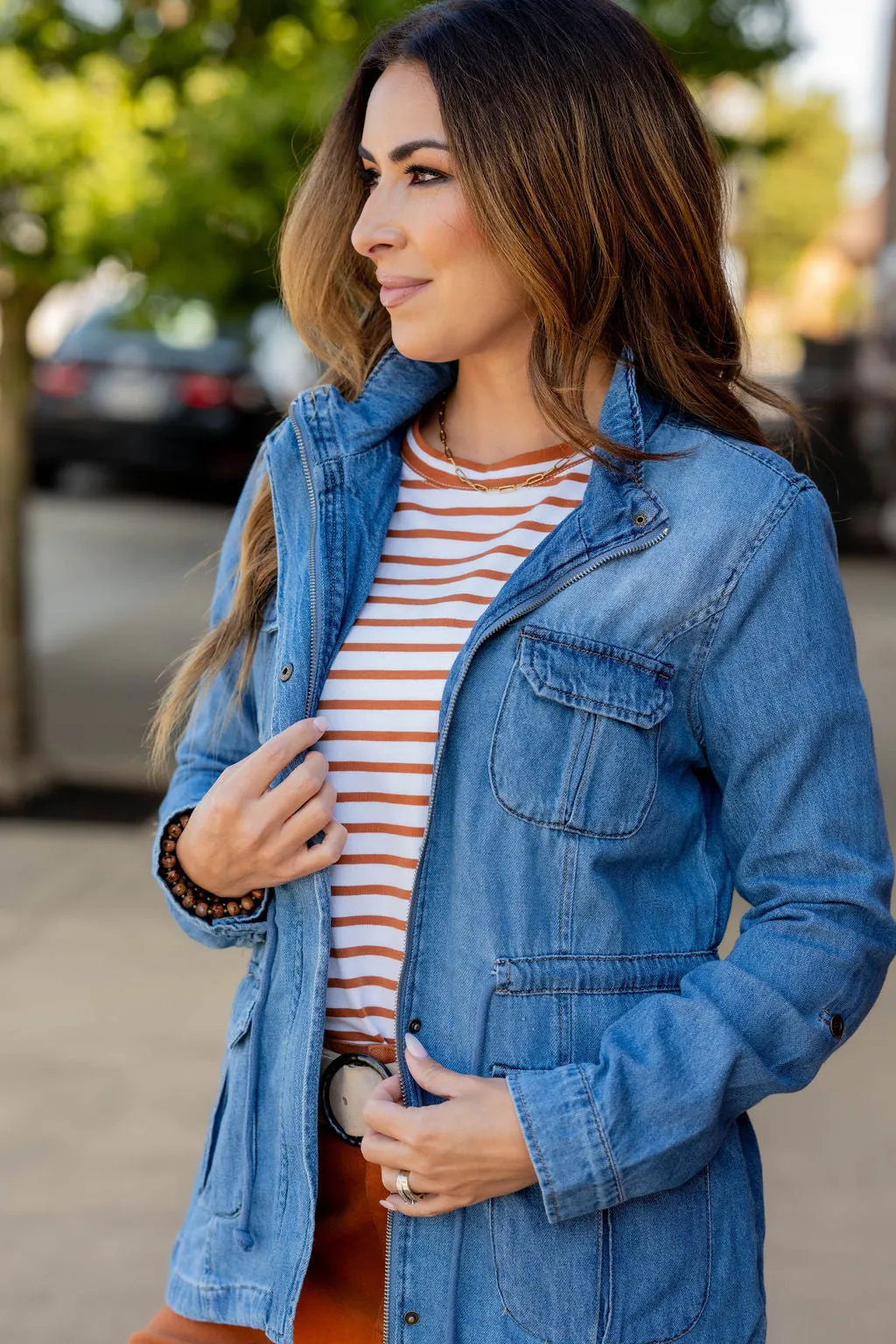 Denim Cinched Waist Utility Jacket