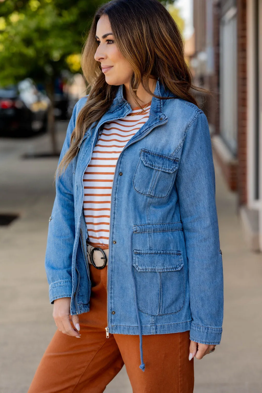 Denim Cinched Waist Utility Jacket