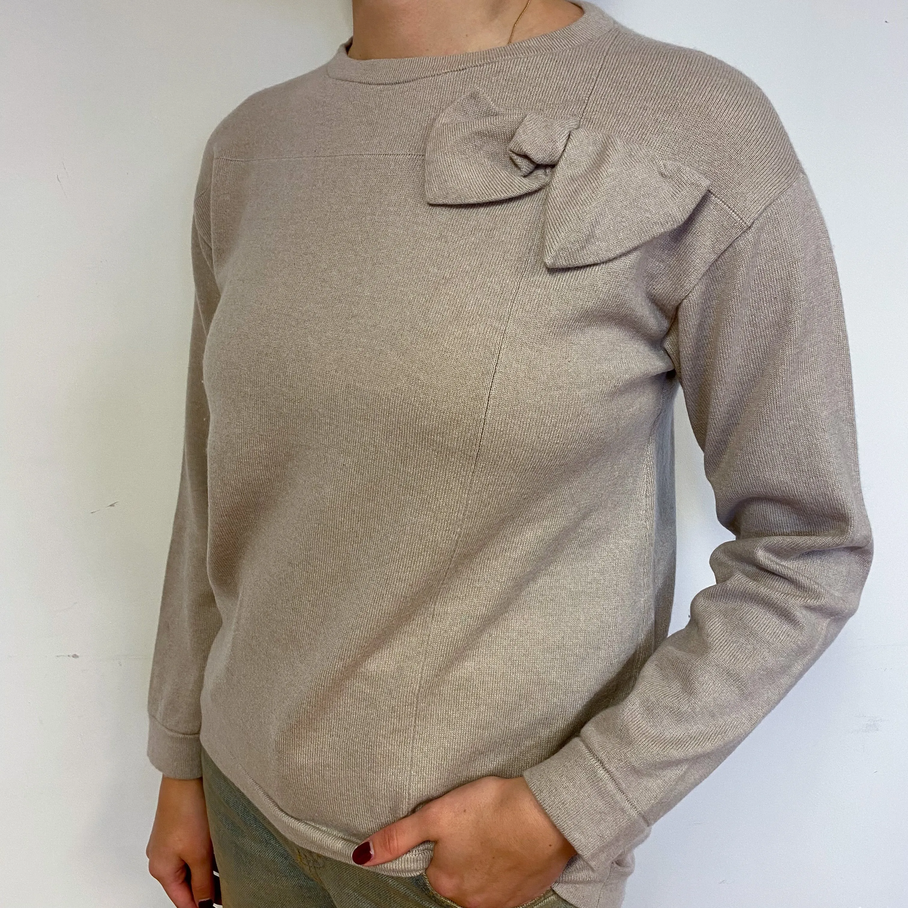 Designer Fawn Beige Cashmere Crew Neck Jumper Small