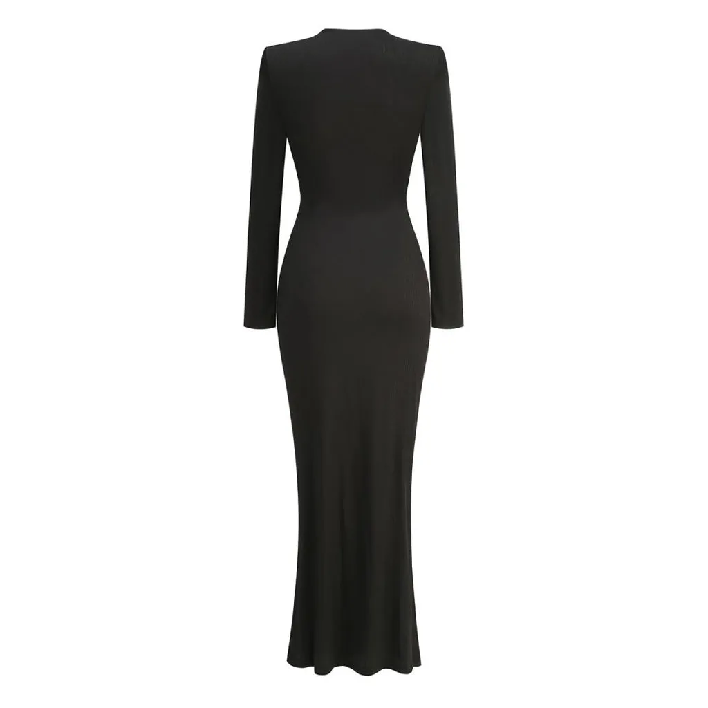 Distinctive Metallic Accent Long Sleeve Cutout Ribbed Jersey Maxi Dress