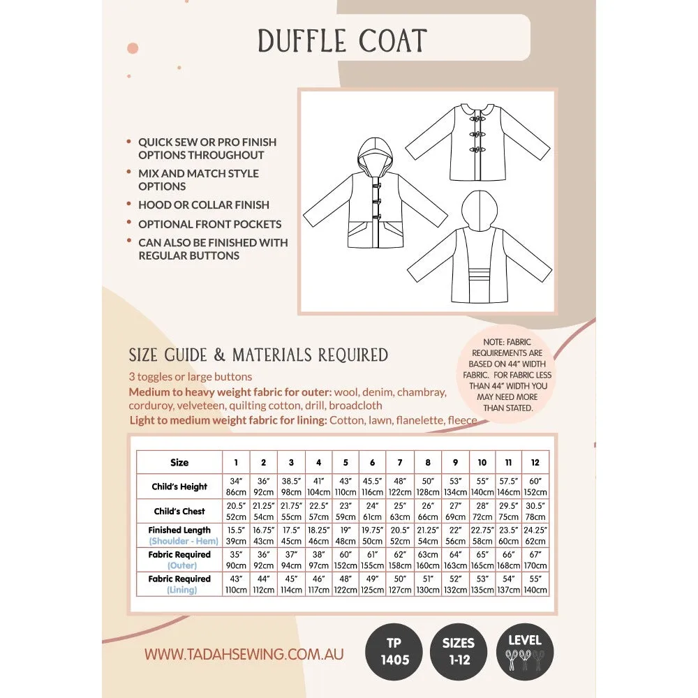 Duffle Coat Pattern, Tadah Patterns