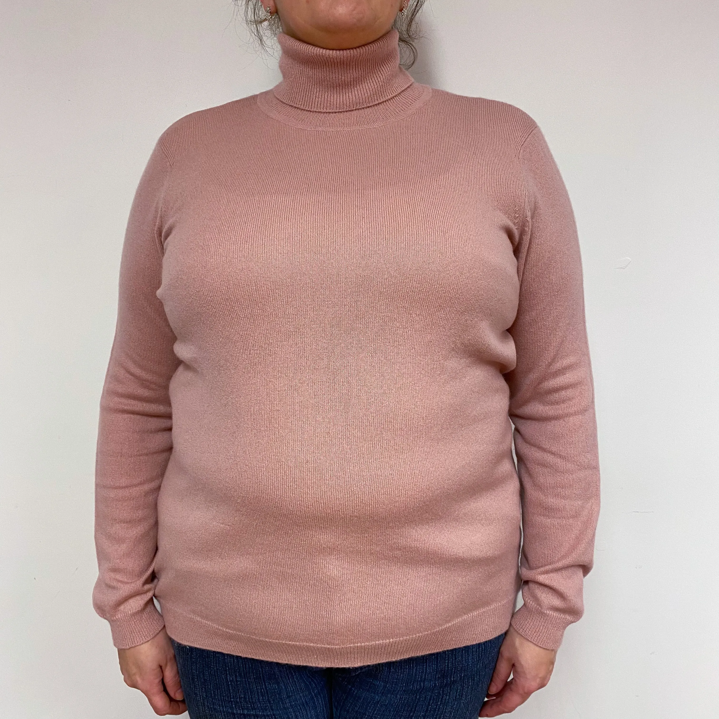 Faded Heather Pink Cashmere Polo Neck Jumper Extra Large