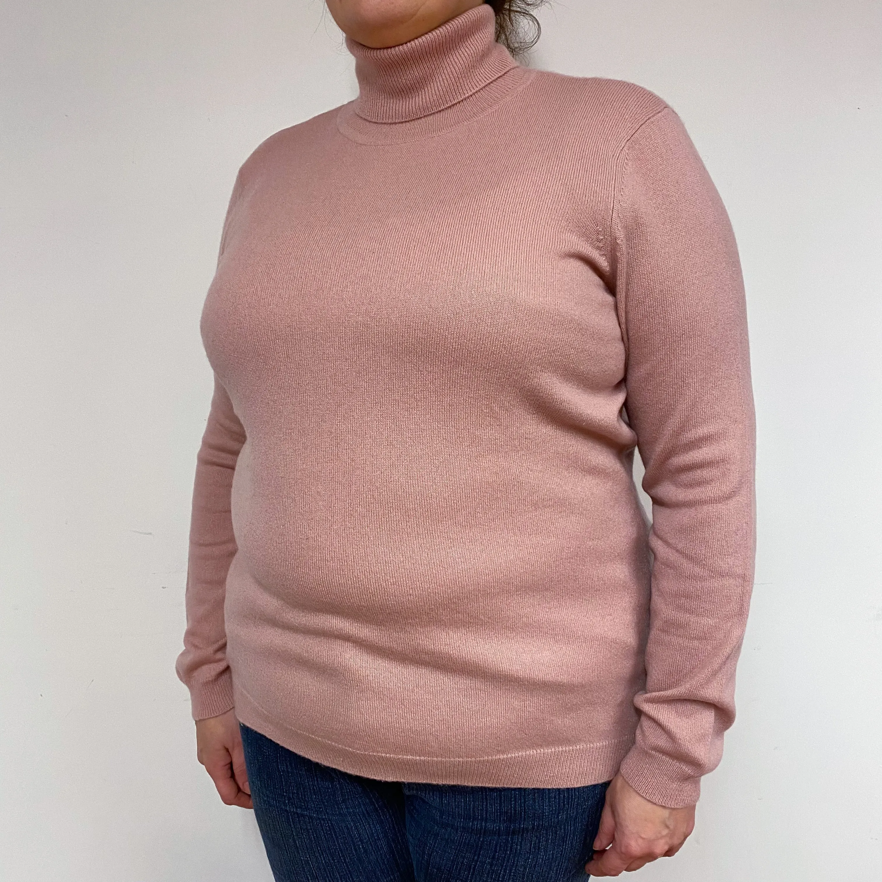 Faded Heather Pink Cashmere Polo Neck Jumper Extra Large