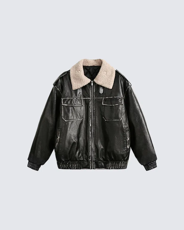 Faux Leather Shearling Collar Jacket