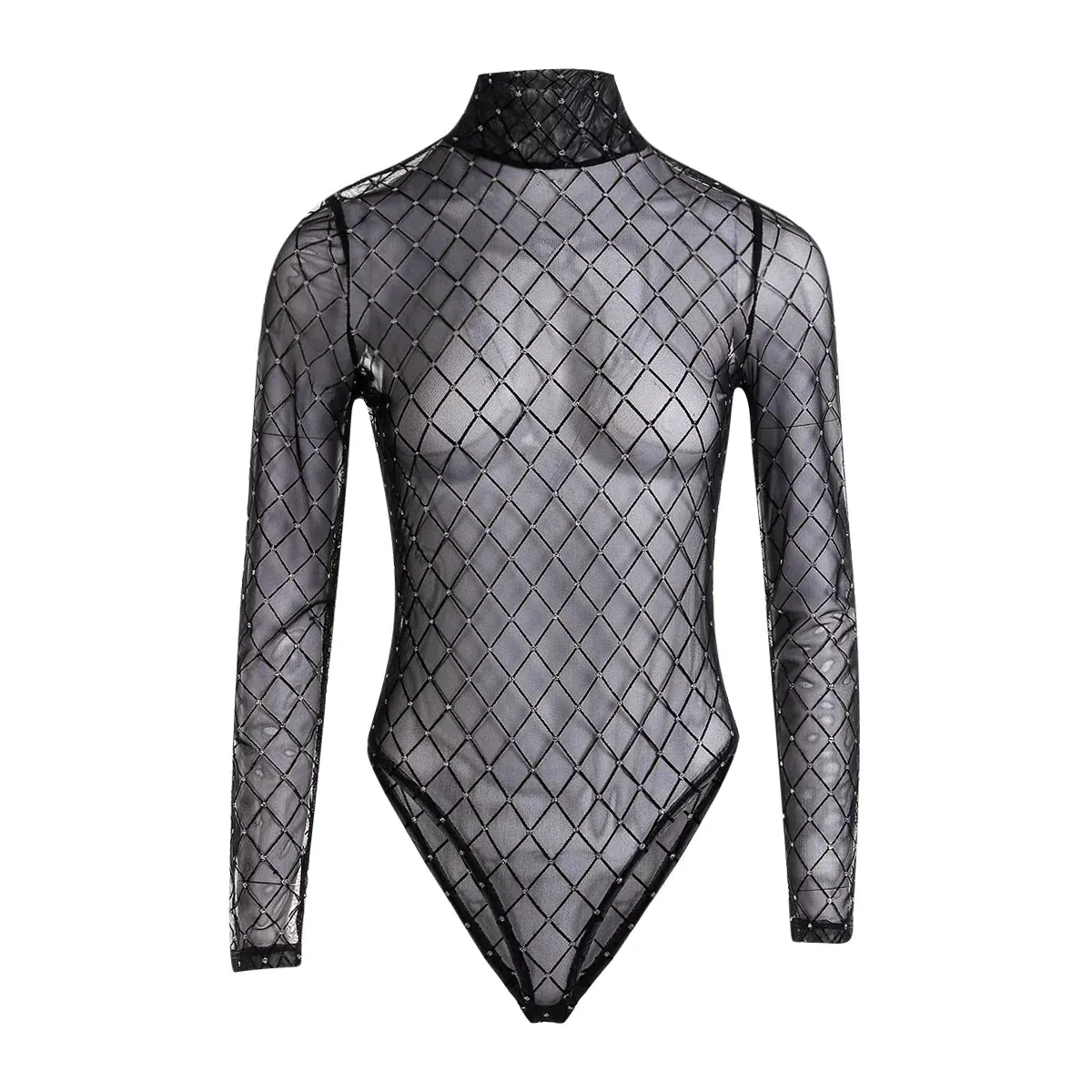 Fishnet Sexy Bodysuit Tops Women Mesh Sheer See Through Long Sleeve Bodysuits