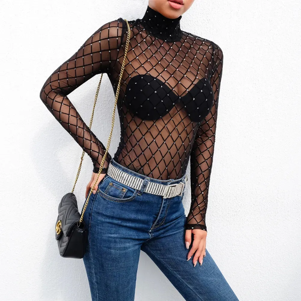 Fishnet Sexy Bodysuit Tops Women Mesh Sheer See Through Long Sleeve Bodysuits