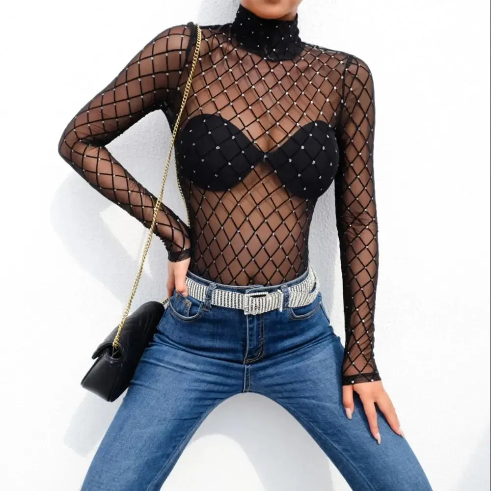 Fishnet Sexy Bodysuit Tops Women Mesh Sheer See Through Long Sleeve Bodysuits