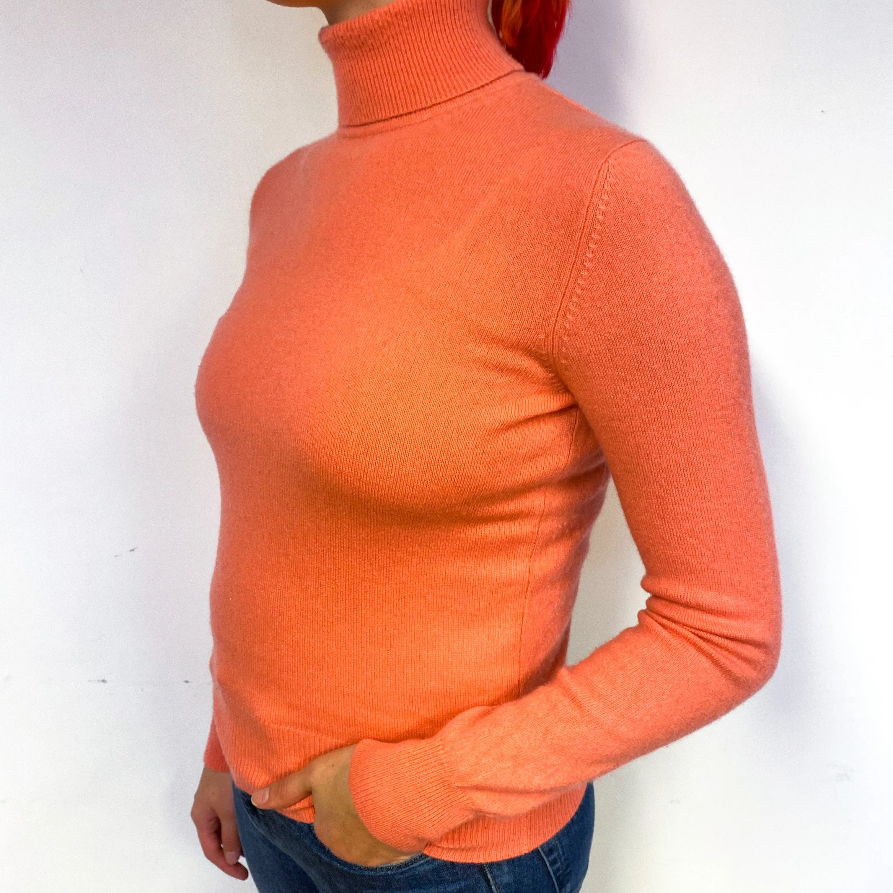 Flamingo Pink Cashmere Polo Neck Jumper Small