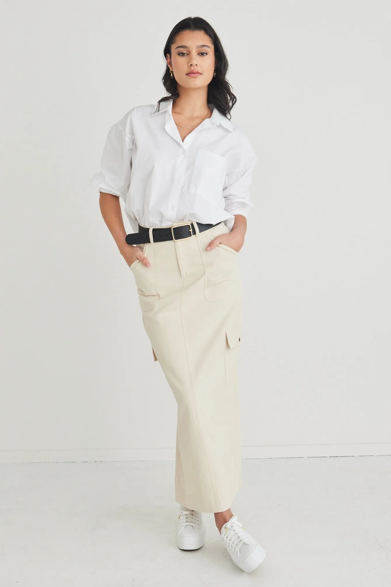 Frank Ivory Cotton Utility Midi Skirt