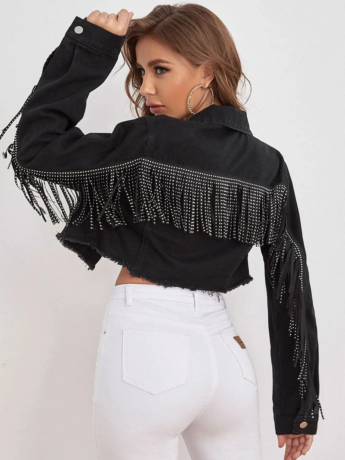 Fringe Detail Cropped Denim Jacket